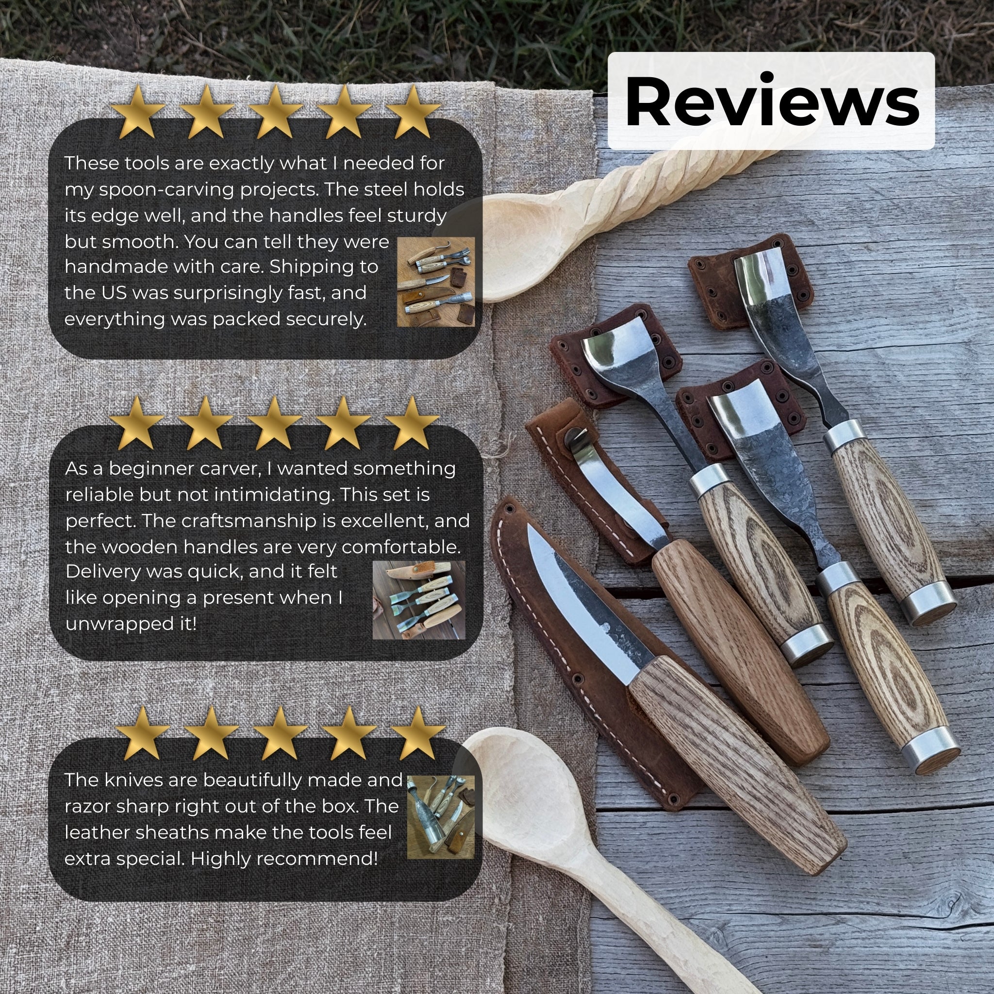 5-Piece Spoon & Bowl Carving Tool Set with Leather Sheath