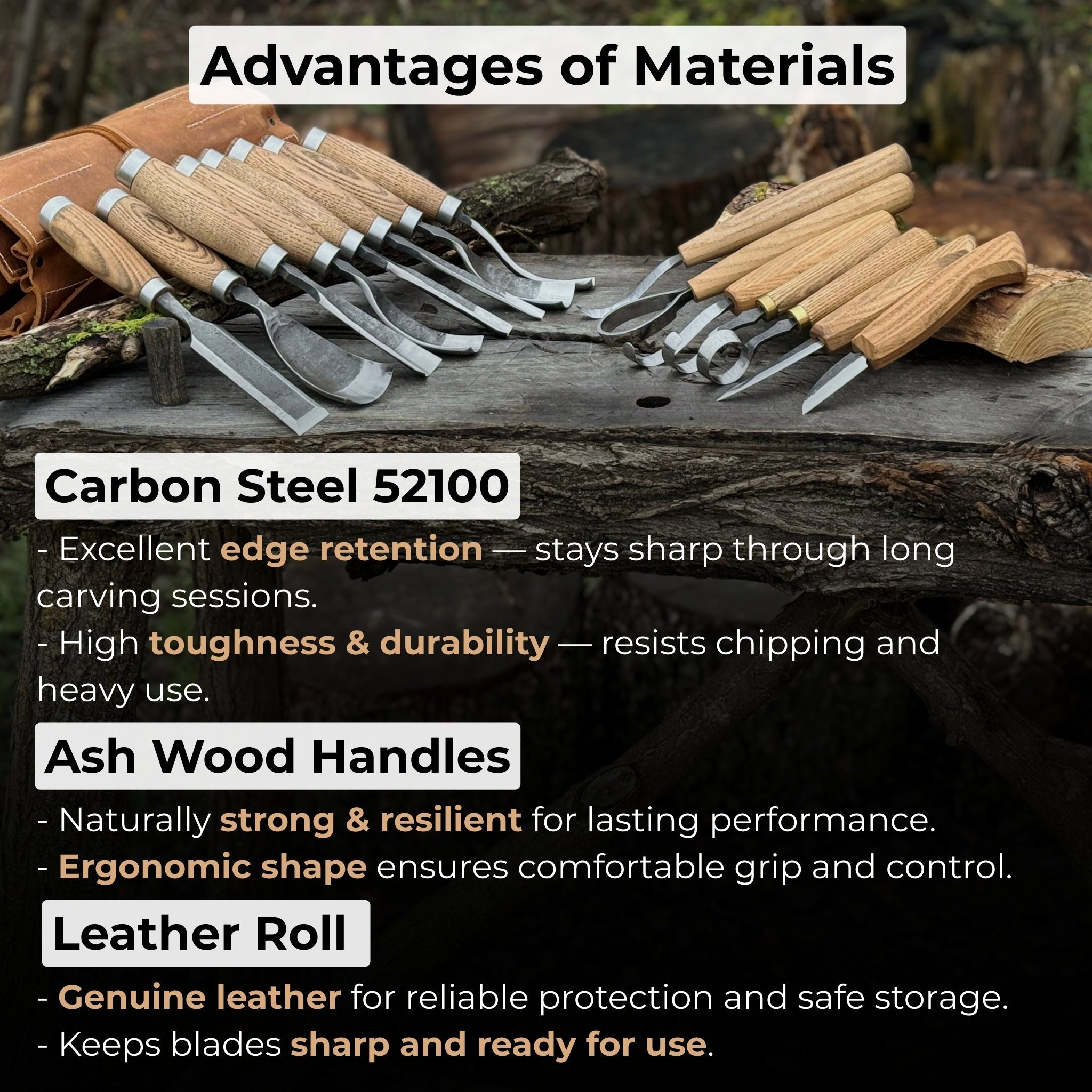 15 piece Wood Carving Tool Set with Leather Roll - 9