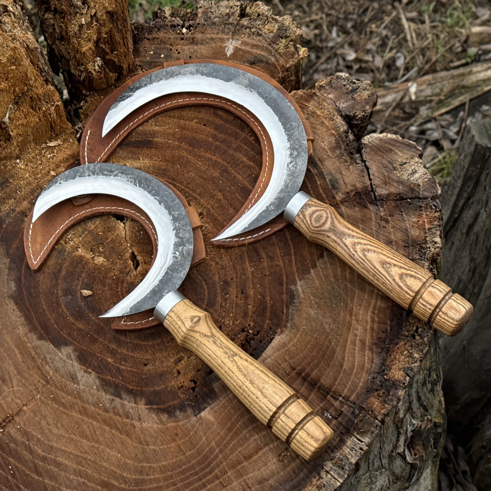 2 - Piece Hand - Forged Sickle Set with Leather Sheaths for Gardening - 1