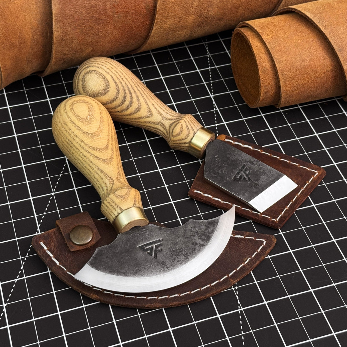 2-Piece Rounded and Angled Leather Knife Set - 1