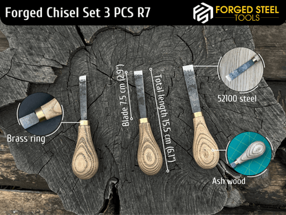 3 - Piece Palm - Handled Straight Flat Carving Chisel Set, 5 - 10 - 15 mm (0.19 - 0.4 - 0.6 inches) - 2