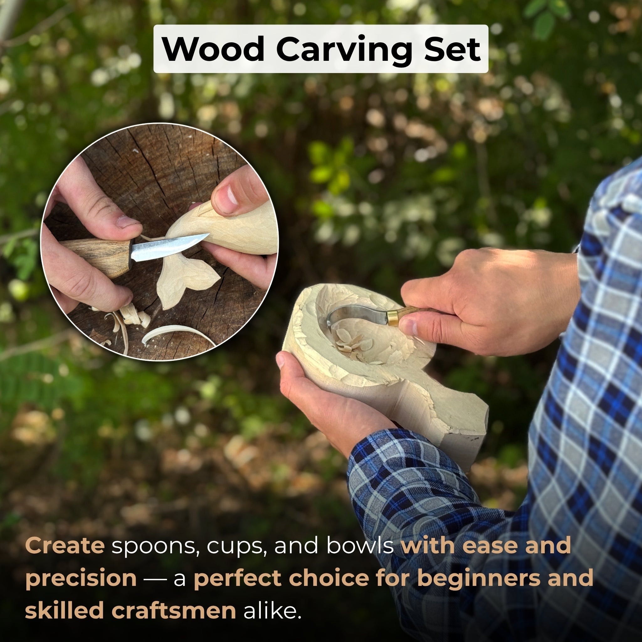 3 - Piece Spoon Carving Set – Whittling Knife, Hook Knife & Sharpening Strop - 2