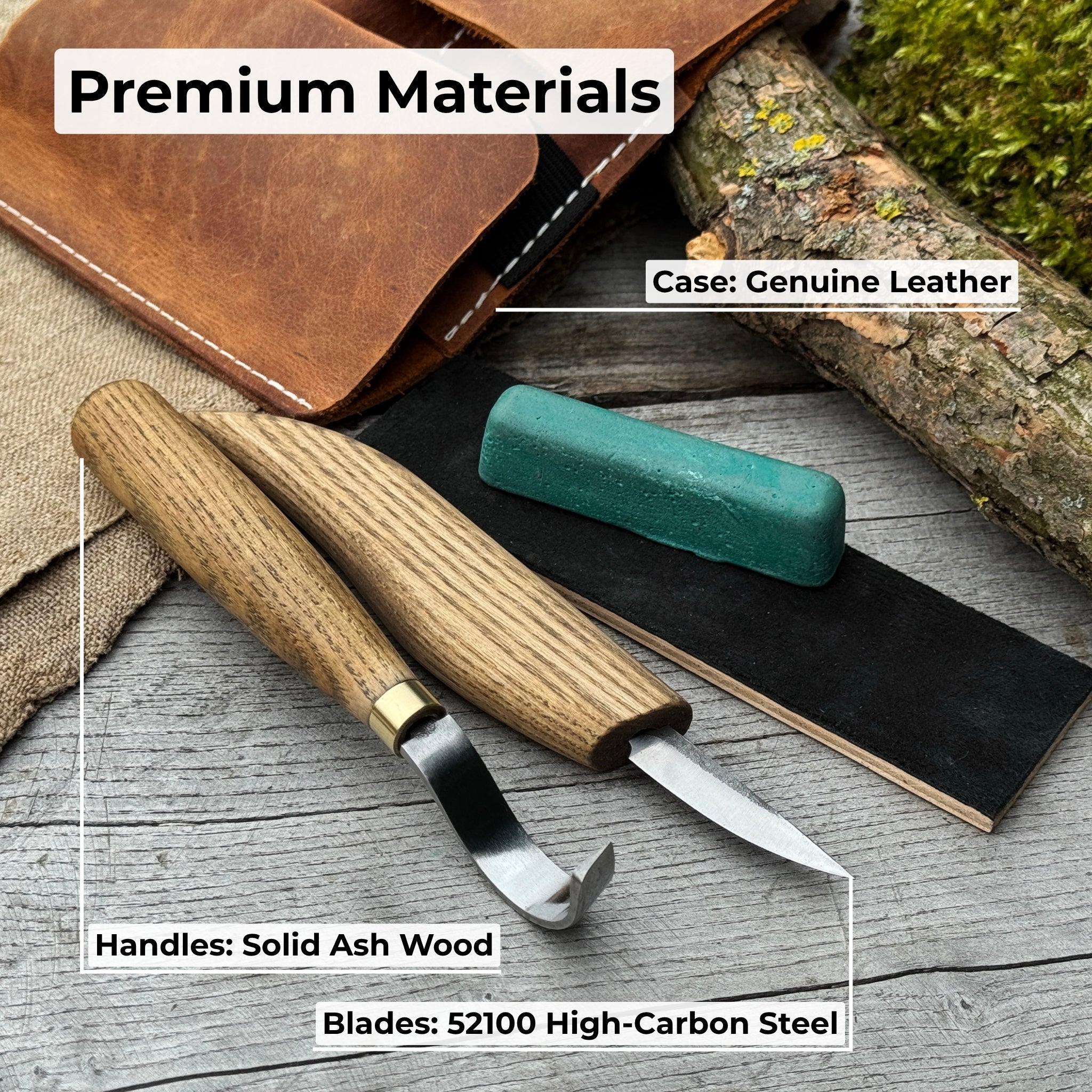 3 - Piece Spoon Carving Set – Whittling Knife, Hook Knife & Sharpening Strop - 7