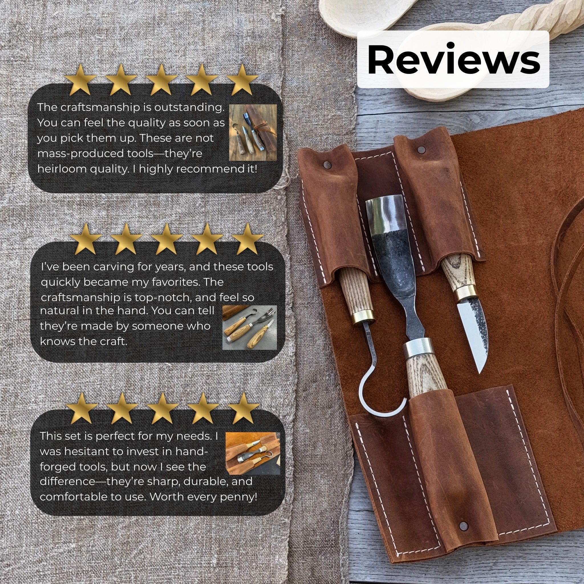 3 - Piece Spoon Carving Set with Leather Roll - 10