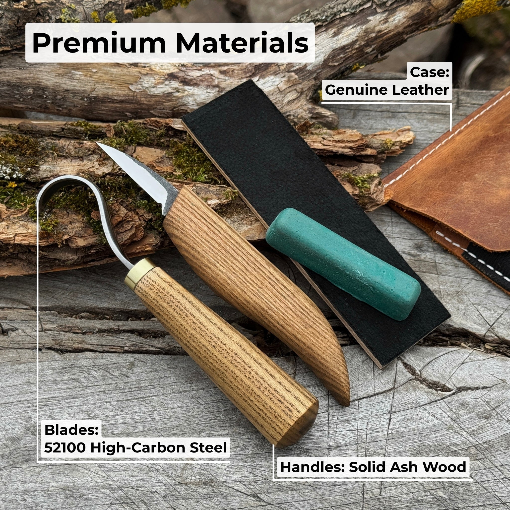 3 - Piece Wood Carving Knife Set – Whittling Knife, Hook Knife & Leather Strop - 7