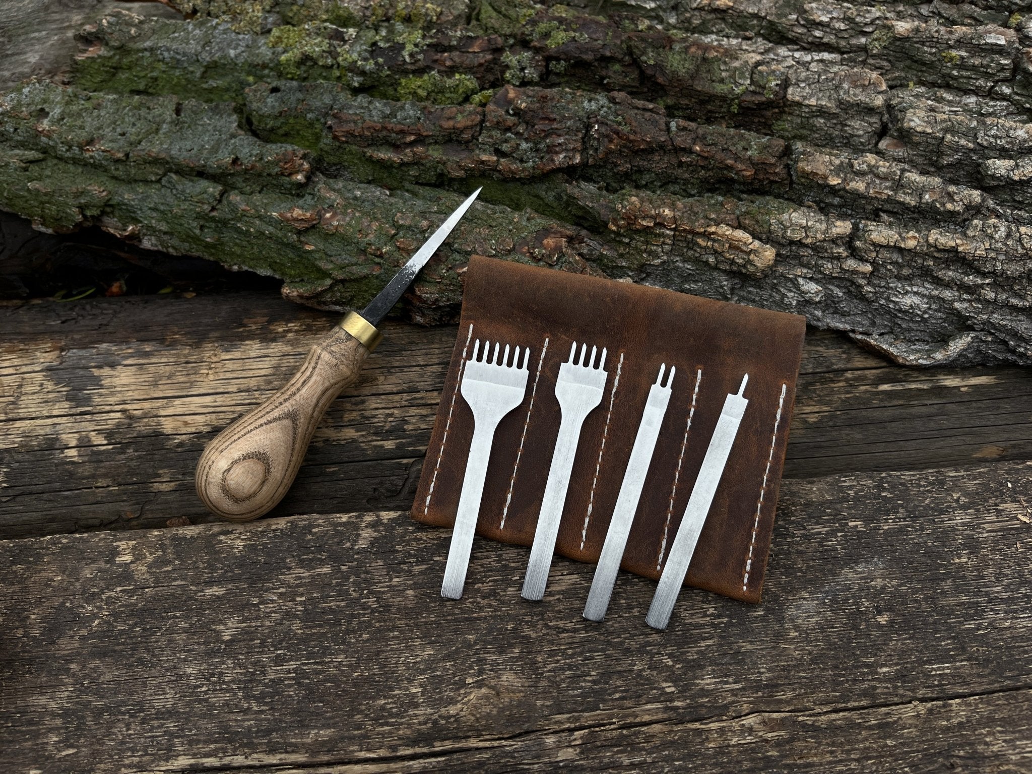 4 - Piece Diamond Style Leather Pricking Iron and Hand - Forged Awl - 6
