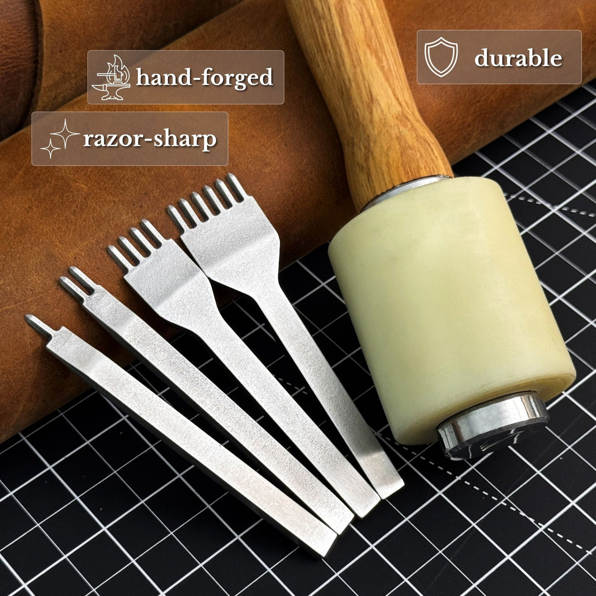 4-Piece Diamond Style Leather Pricking Iron and Leather Nylon Hammer - 2