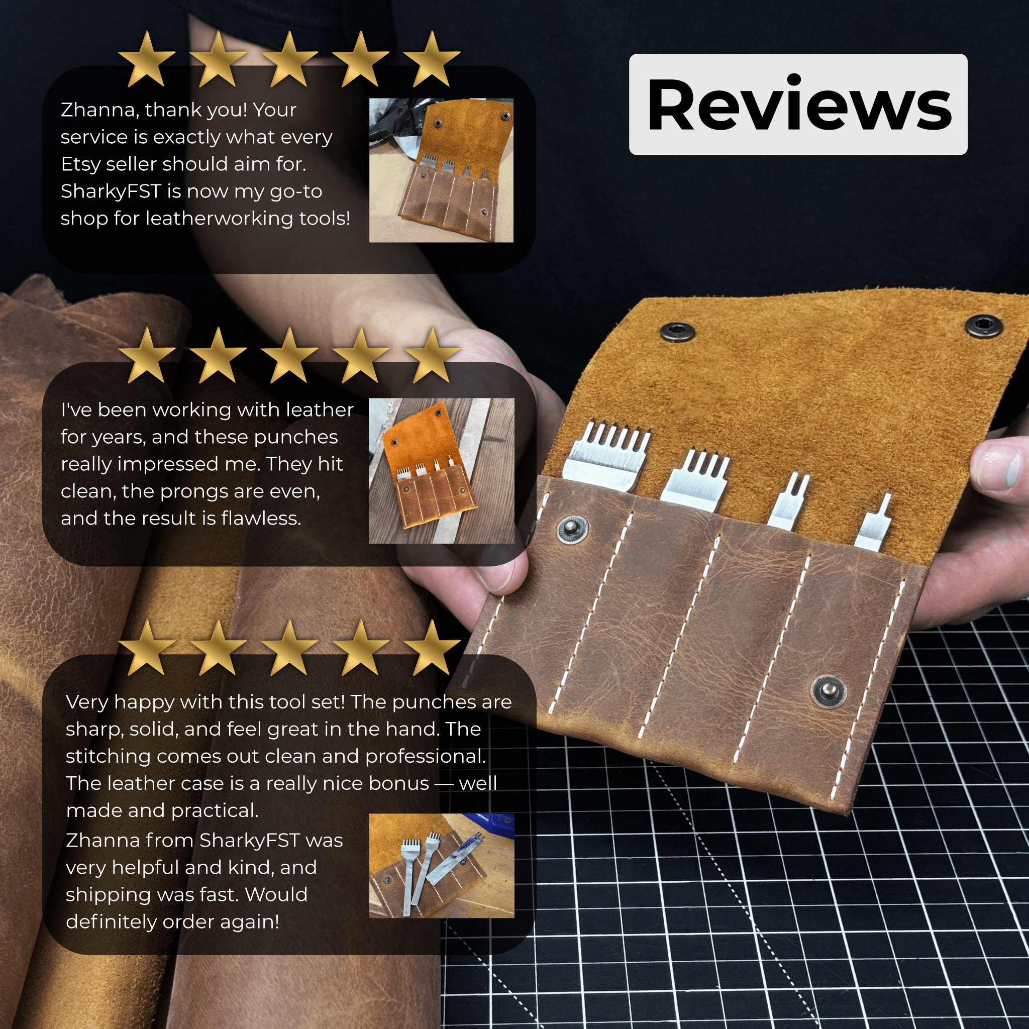 4 - Piece Diamond Style Leather Pricking Iron Set, 1, 2, 4, 6 Prongs - 9
