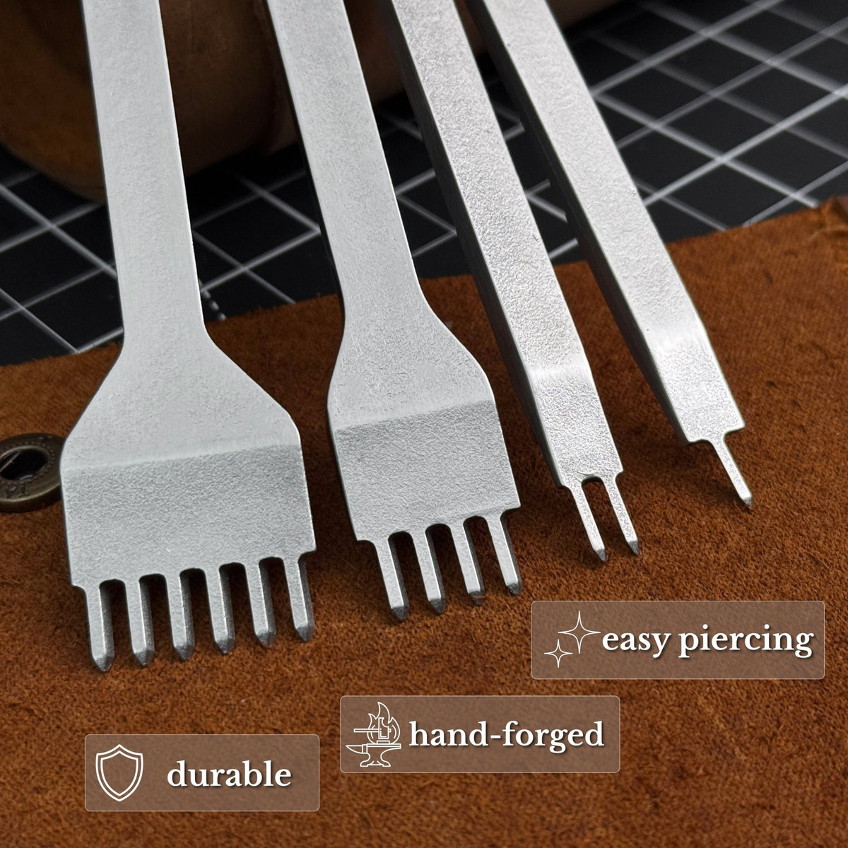 4-Piece Diamond Style Leather Pricking Iron Set, 1, 2, 4, 6 Prongs - 2