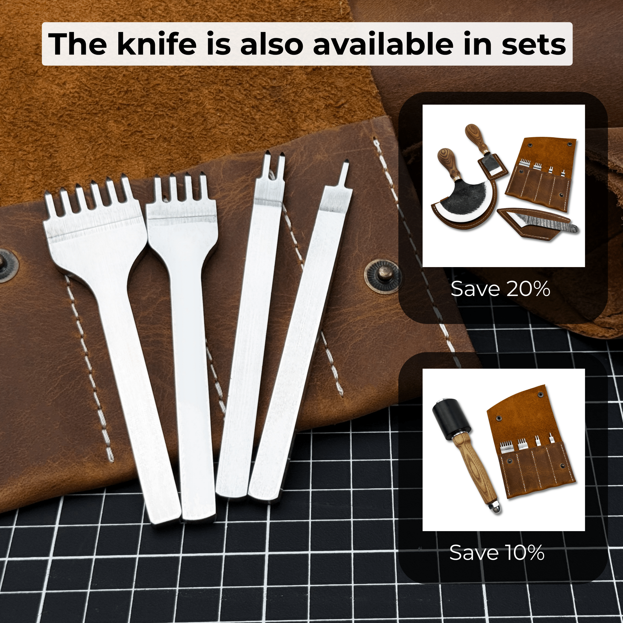 4 - Piece Diamond Style Leather Pricking Iron Set, 1, 2, 4, 6 Prongs - 10