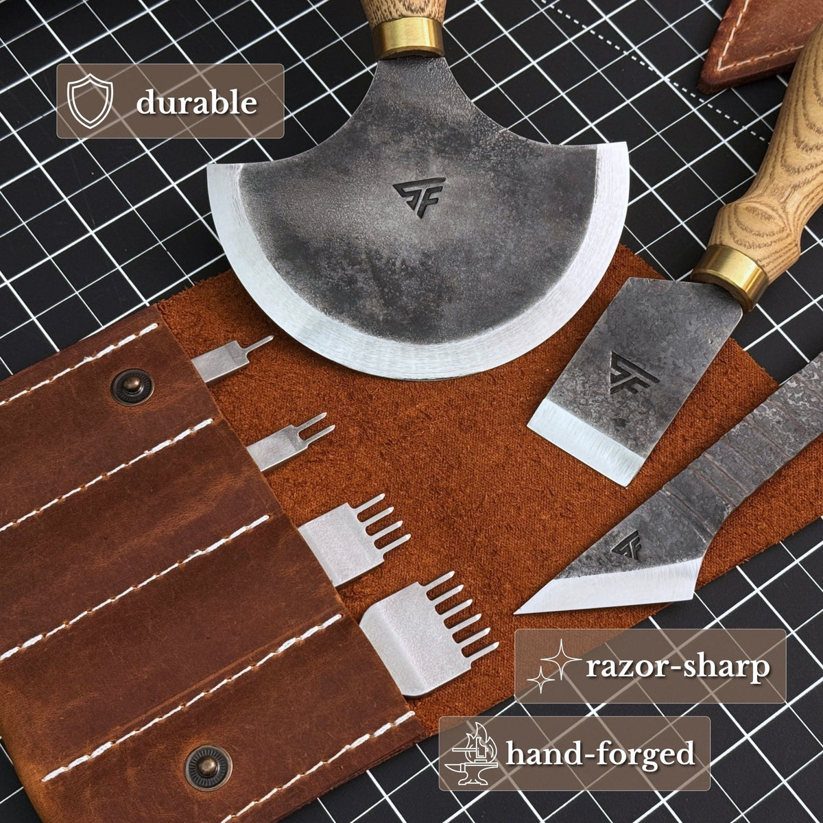 4-Piece Leatherworking Tool Set with Leather Sheaths - 2