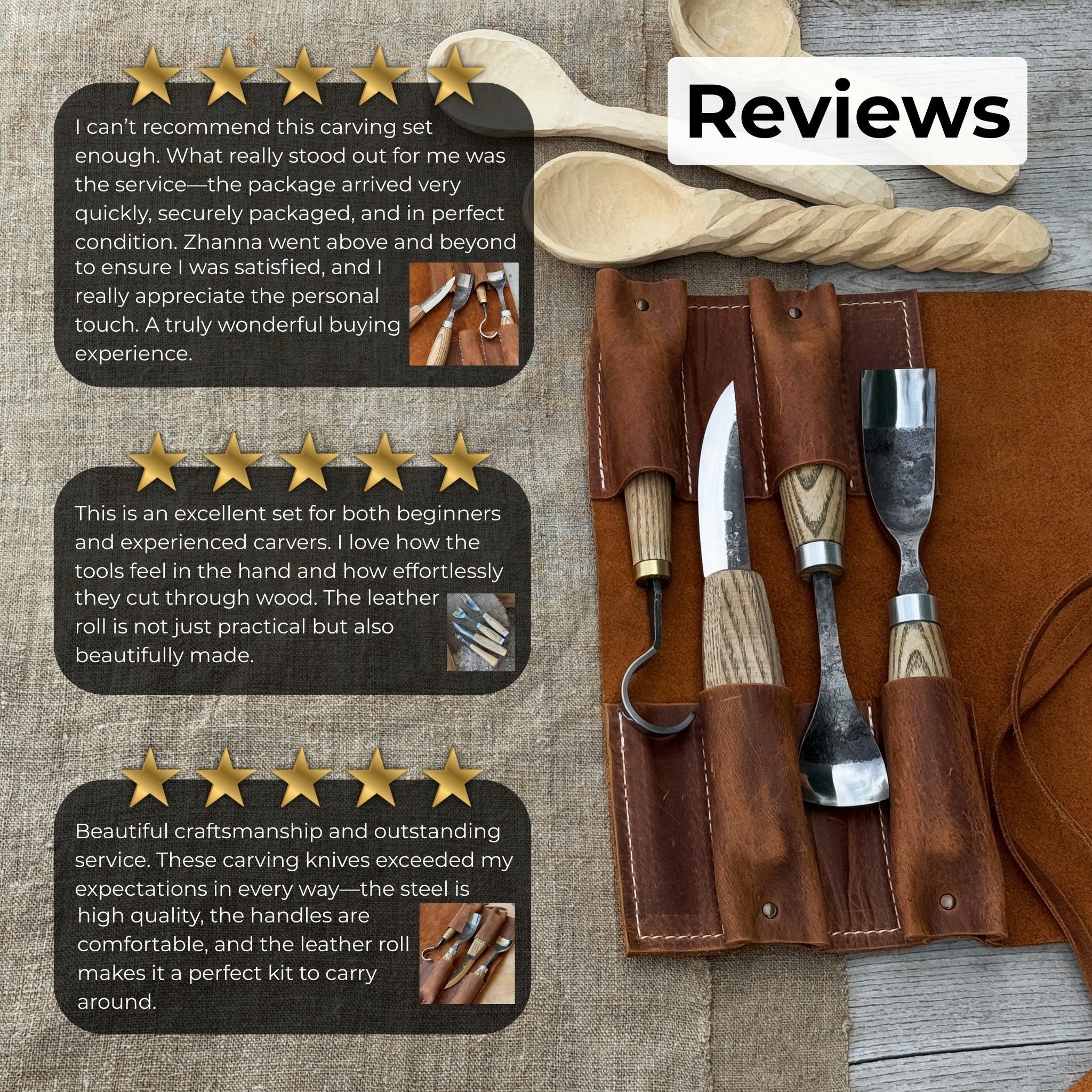 4 - Piece Spoon Carving Tool Set with Leather Roll - 10