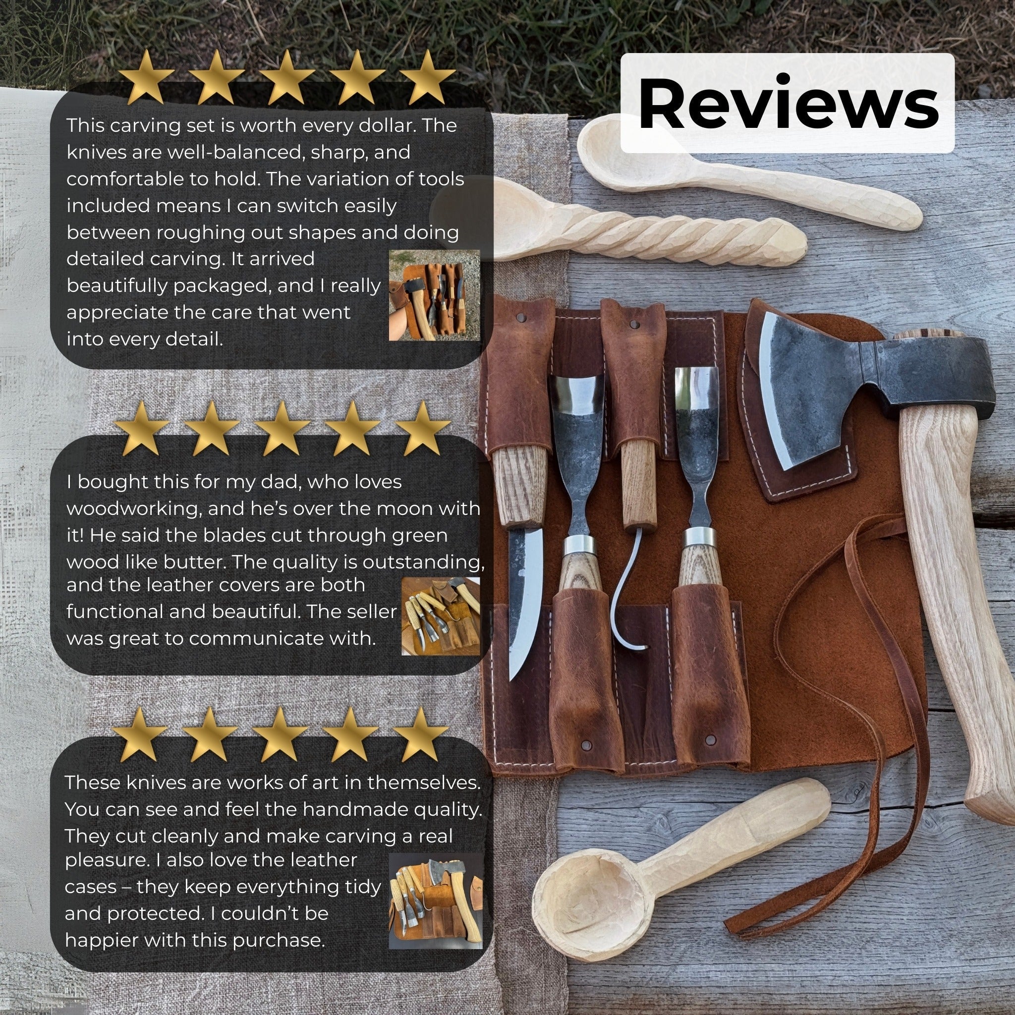 5 - Piece Hand - Forged Carving Tool Set with Leather Tool Roll - 10