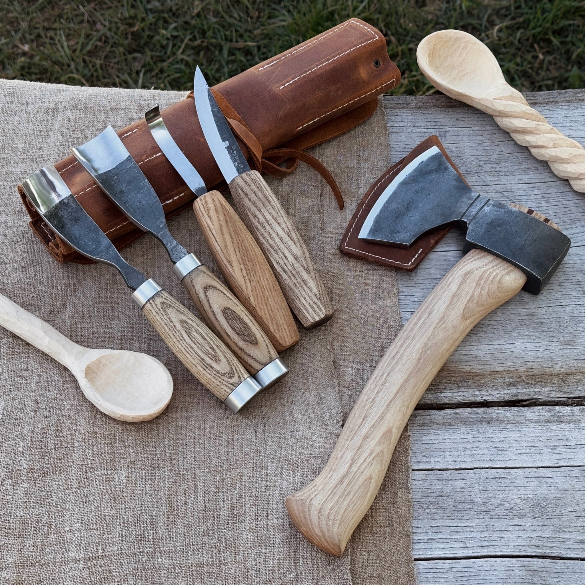 5 - Piece Hand - Forged Carving Tool Set with Leather Tool Roll - 1
