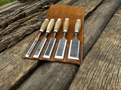 5 - Piece Small Timber Framing Chisel Set with Leather Case - 2