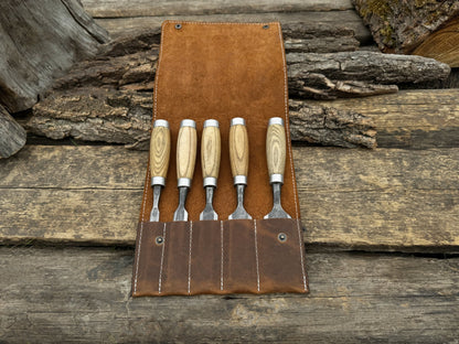 5 - Piece Small Timber Framing Chisel Set with Leather Case - 4