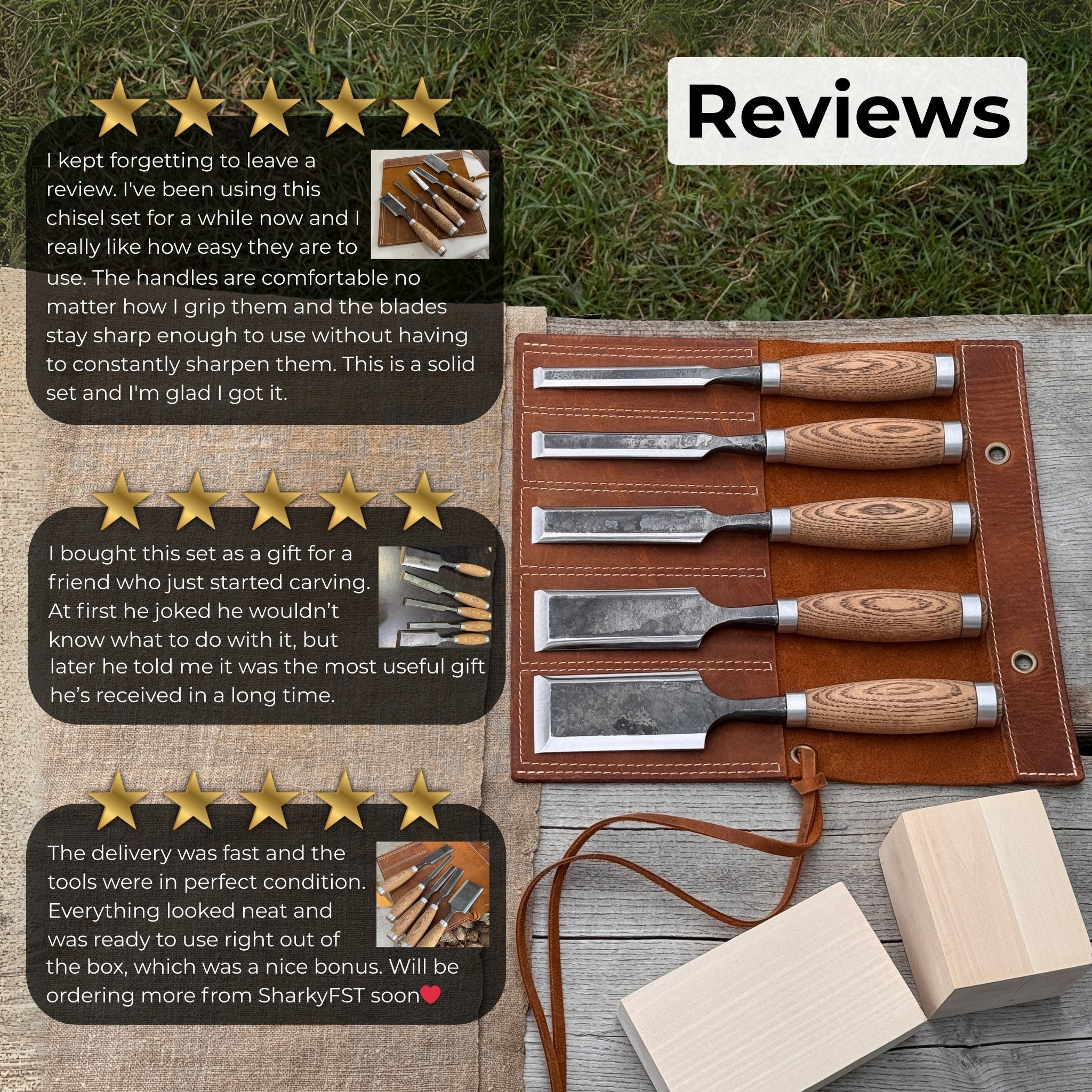 5 - Piece Small Timber Framing Chisel Set with Leather Case - 10