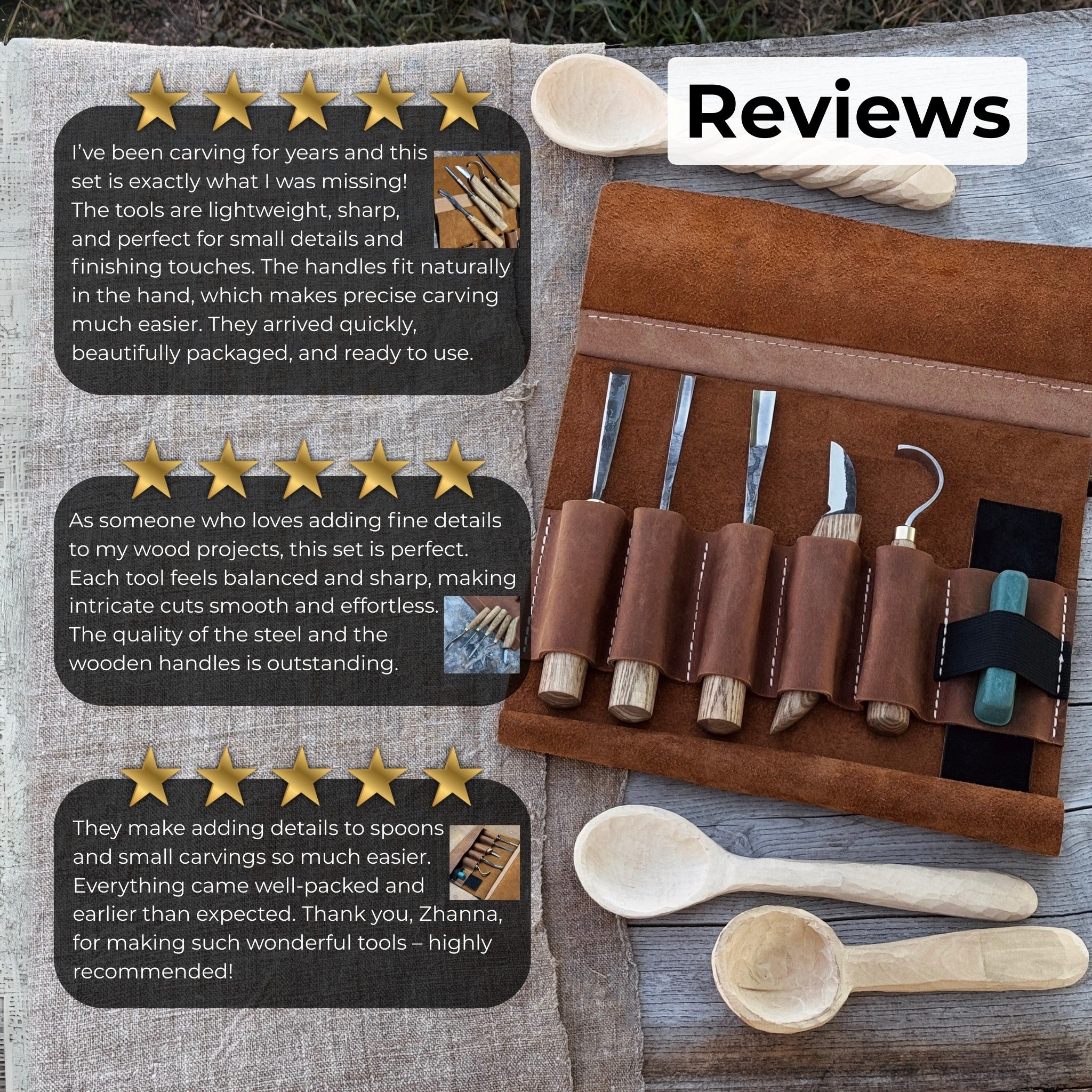 5 - Piece Spoon Carving Tool Set with Leather Strop and Case - 10