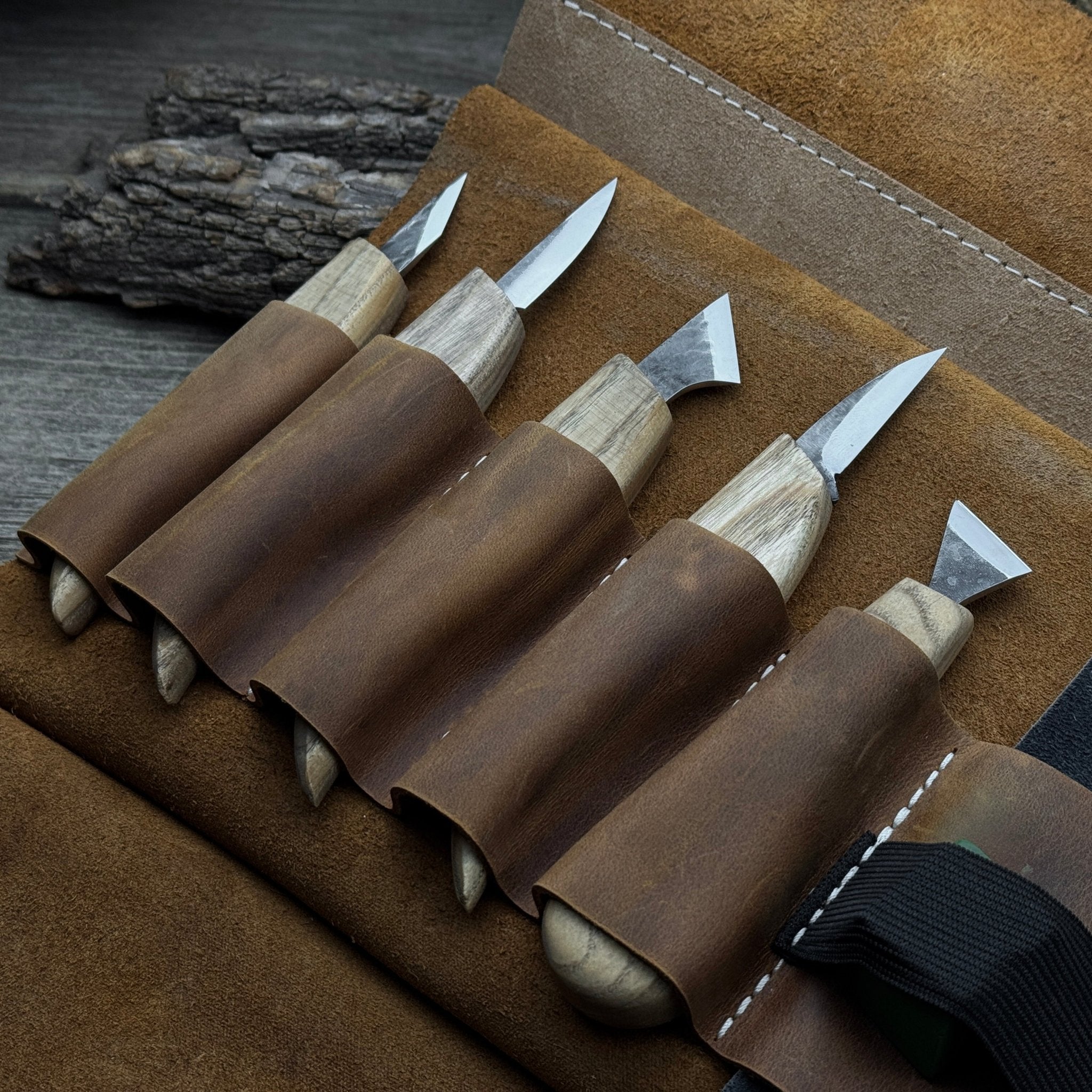 5 - Piece Wood Carving Knife Set with Sharpening Board & Leather Case - 9