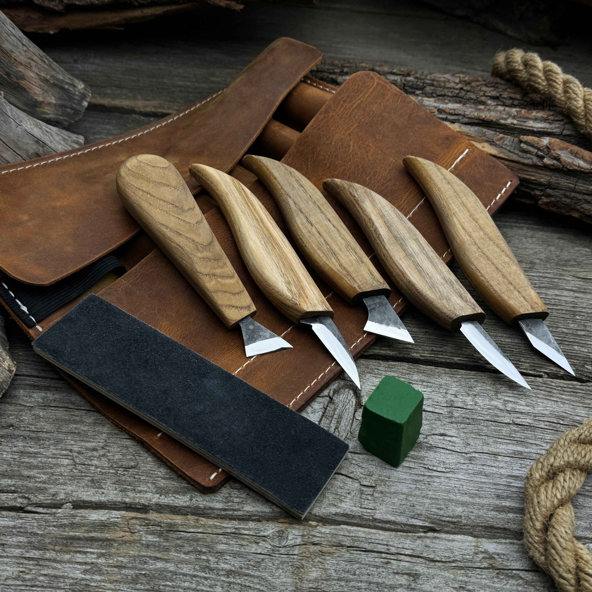 5 - Piece Wood Carving Knife Set with Sharpening Board & Leather Case - 2