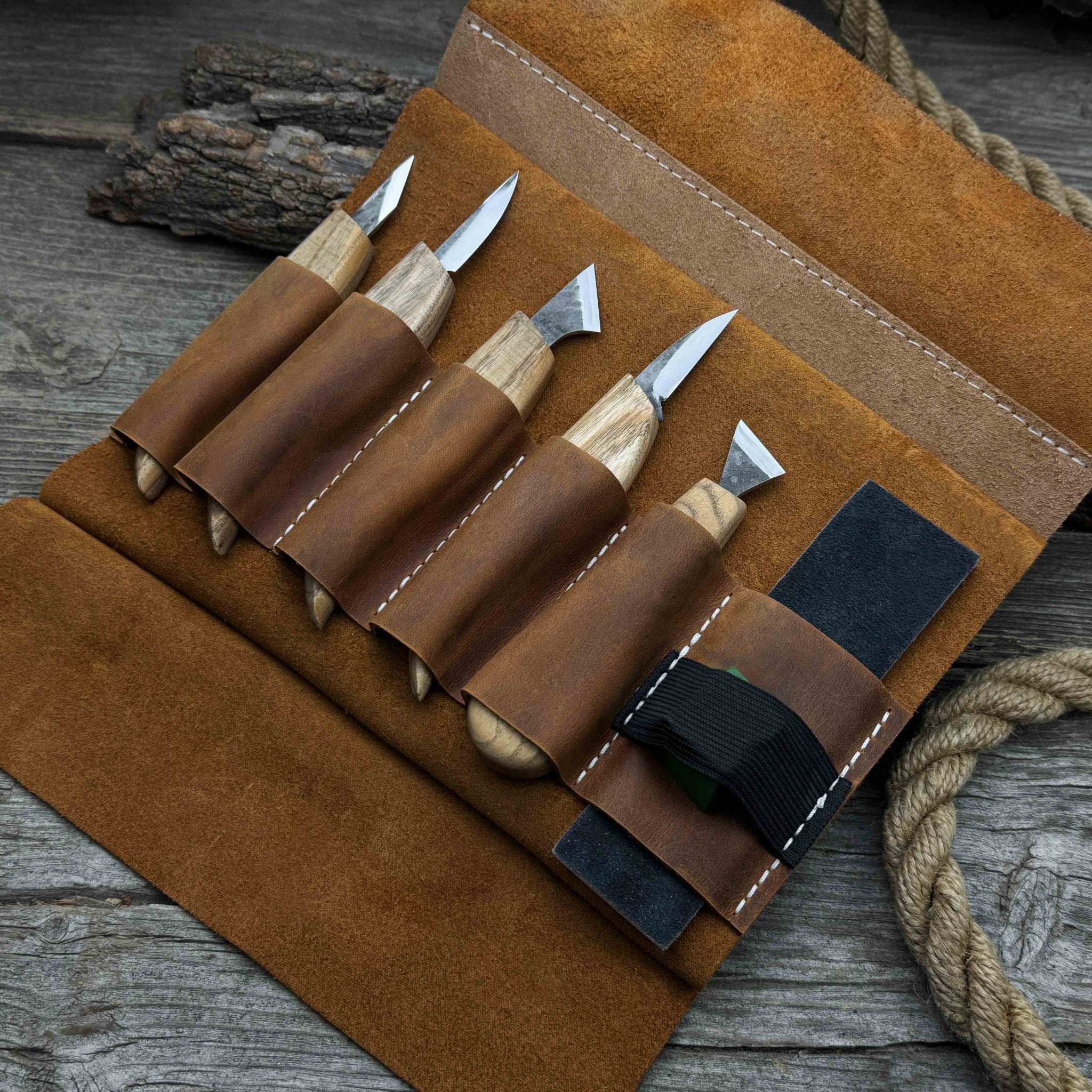 5 - Piece Wood Carving Knife Set with Sharpening Board & Leather Case - 1