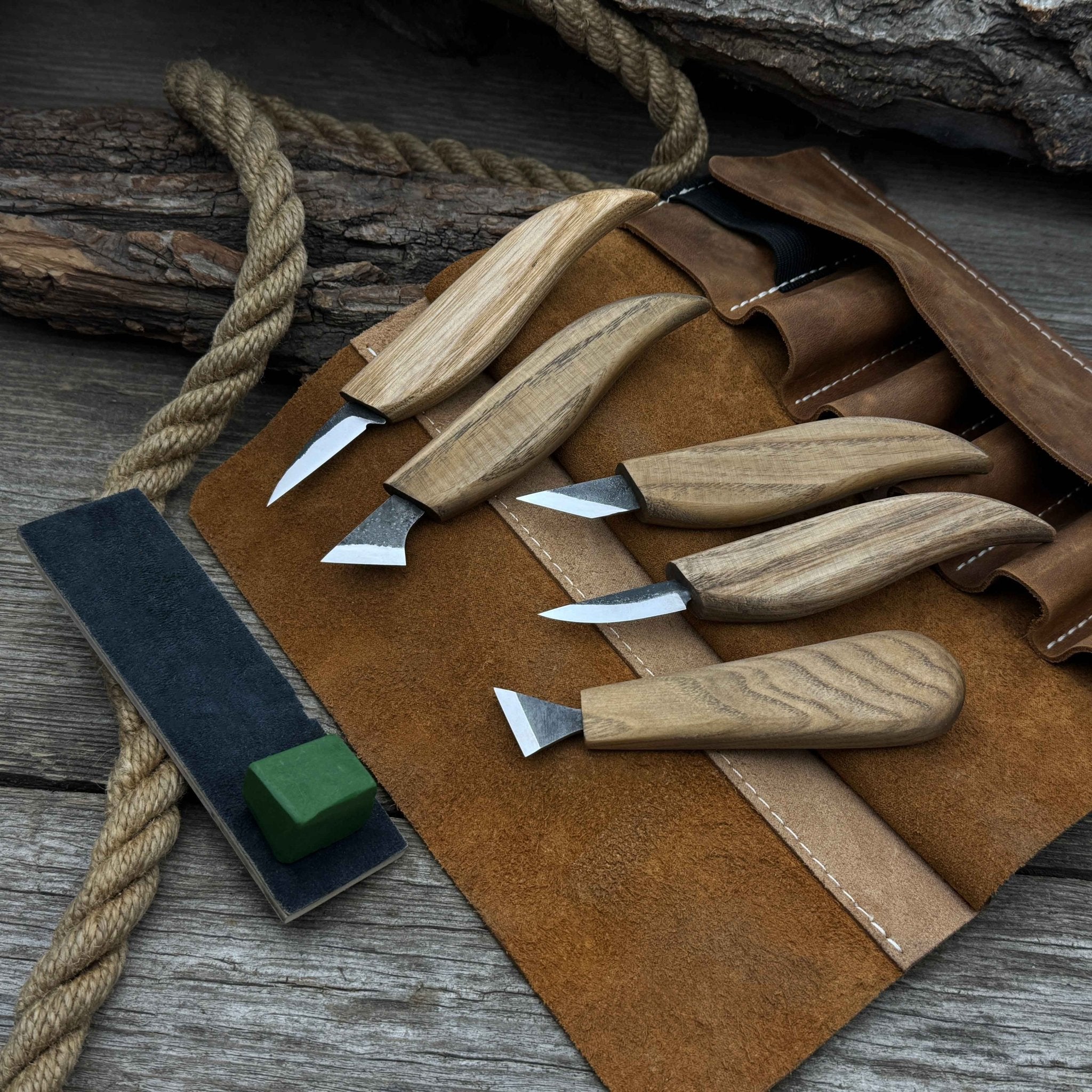 5 - Piece Wood Carving Knife Set with Sharpening Board & Leather Case - 3