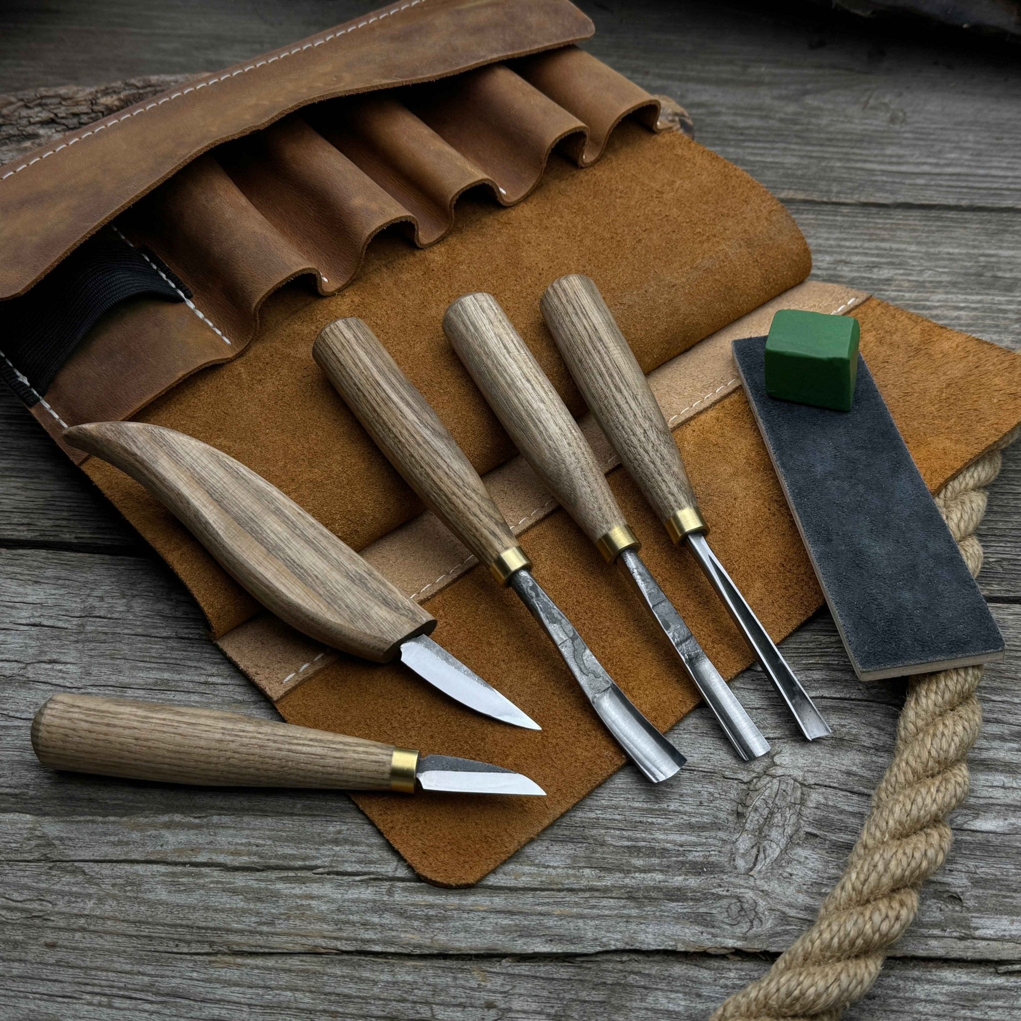 5 - Piece Wood Carving Tool Set with Sharpening Board & Leather Case - 4