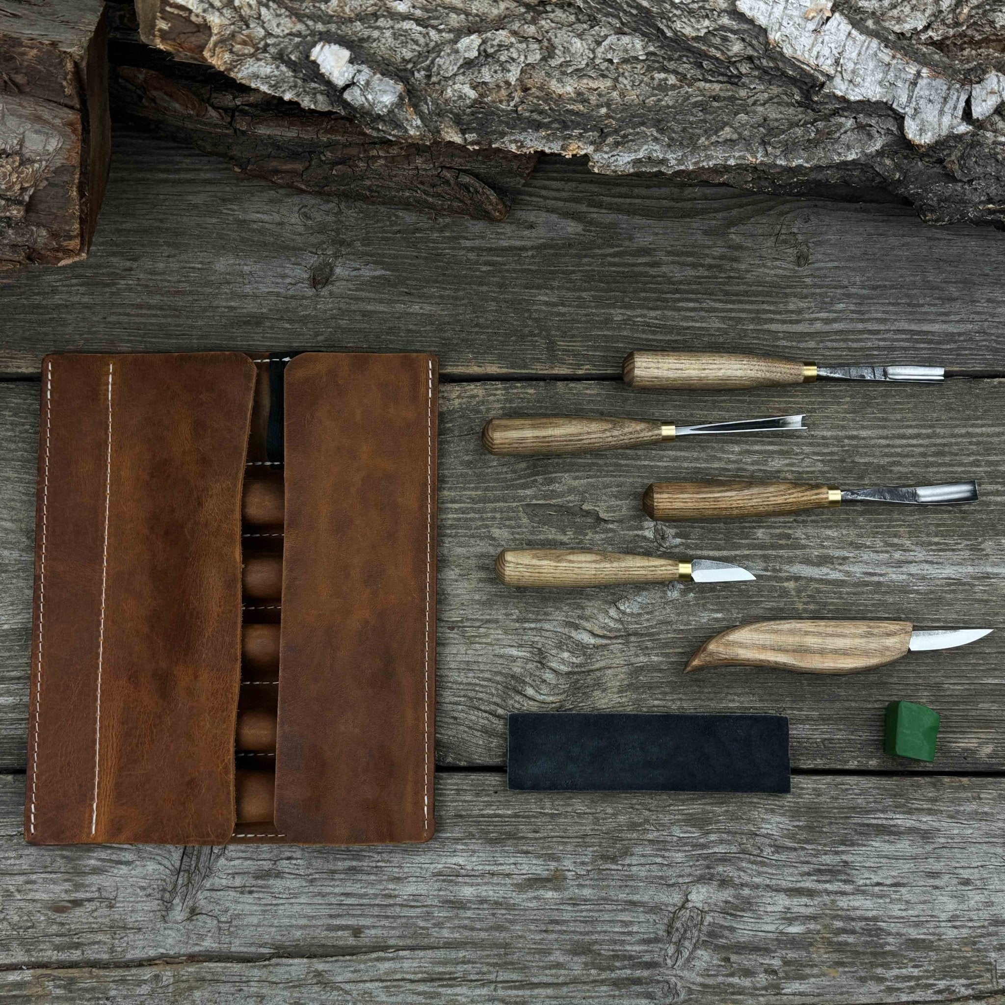 5 - Piece Wood Carving Tool Set with Sharpening Board & Leather Case - 3
