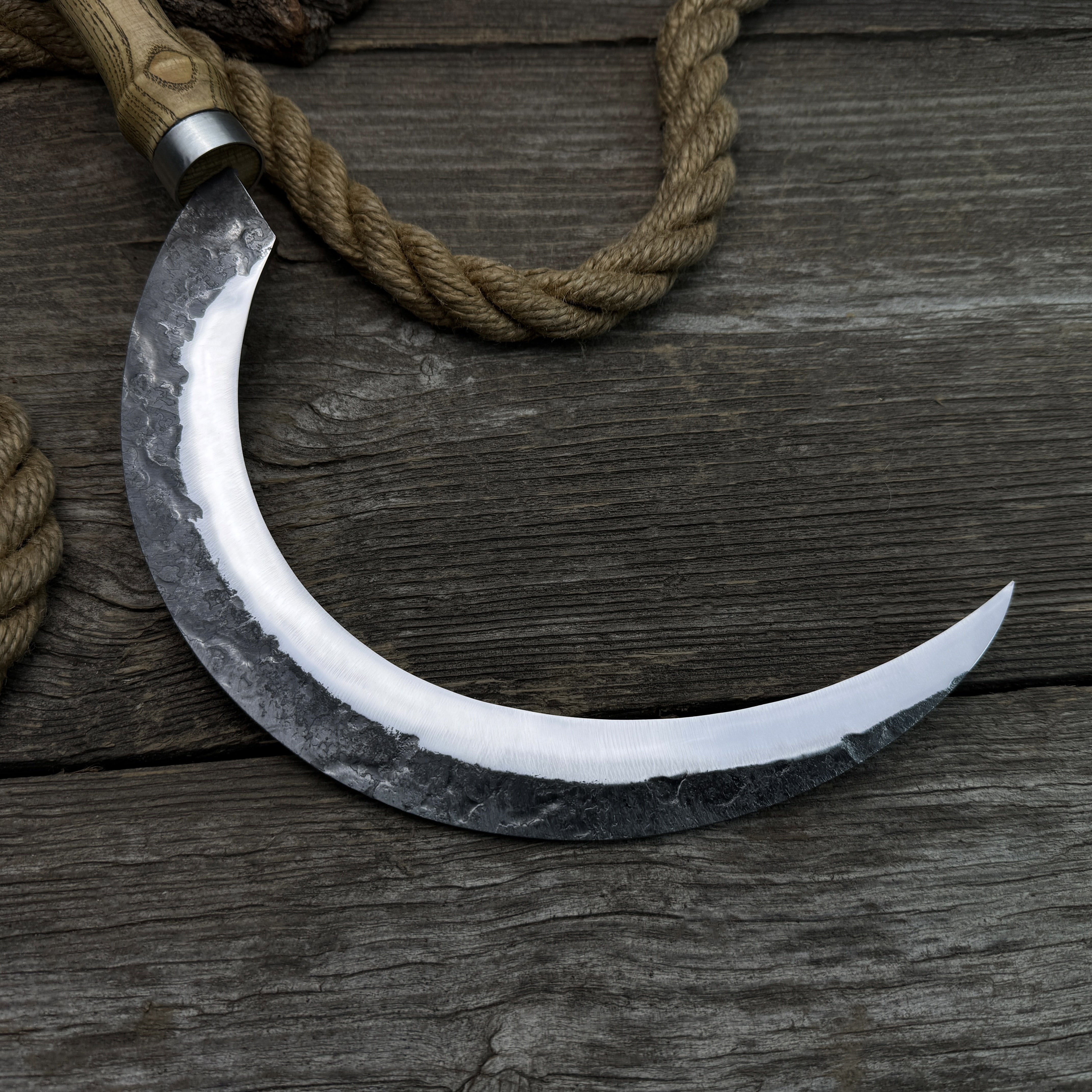 Hand-Forged Large Sickle, ⌀19 cm (7.5 inches) Blade, Leather Belt Attachment
