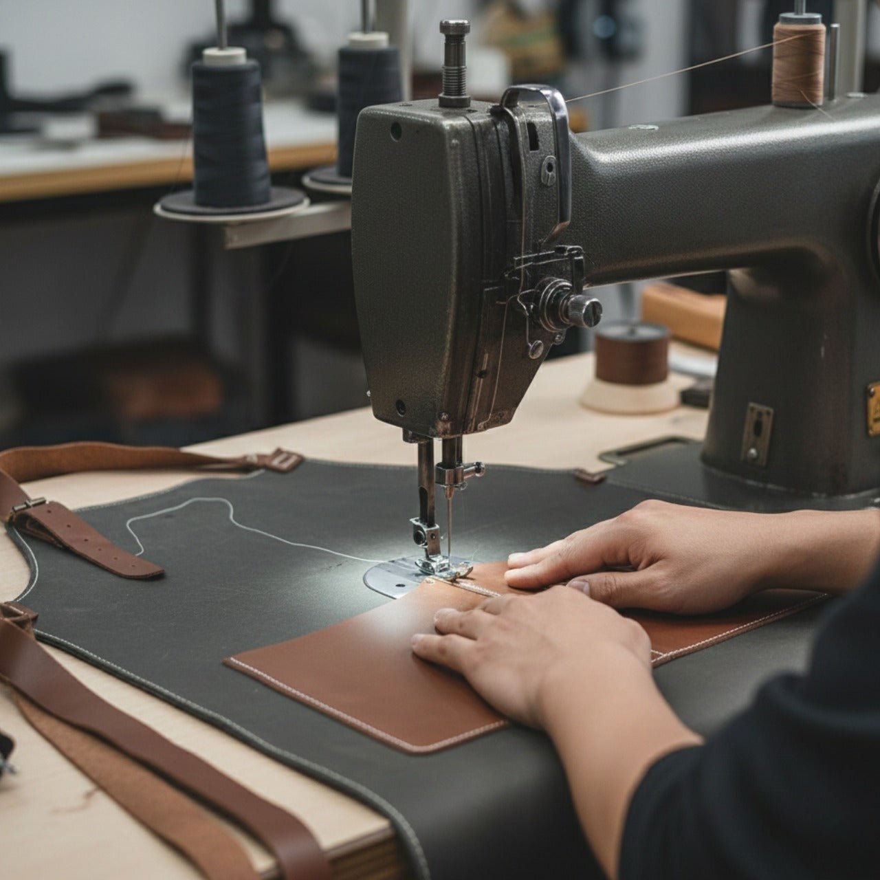 Black Leather Apron with Adjustable Straps and Pockets - 9