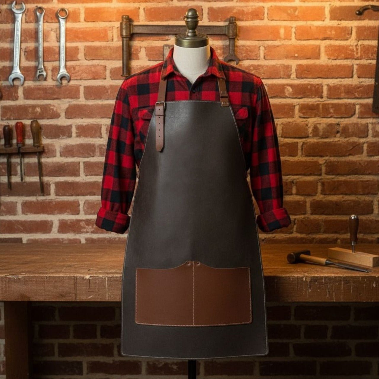 Black Leather Apron with Adjustable Straps and Pockets - 2
