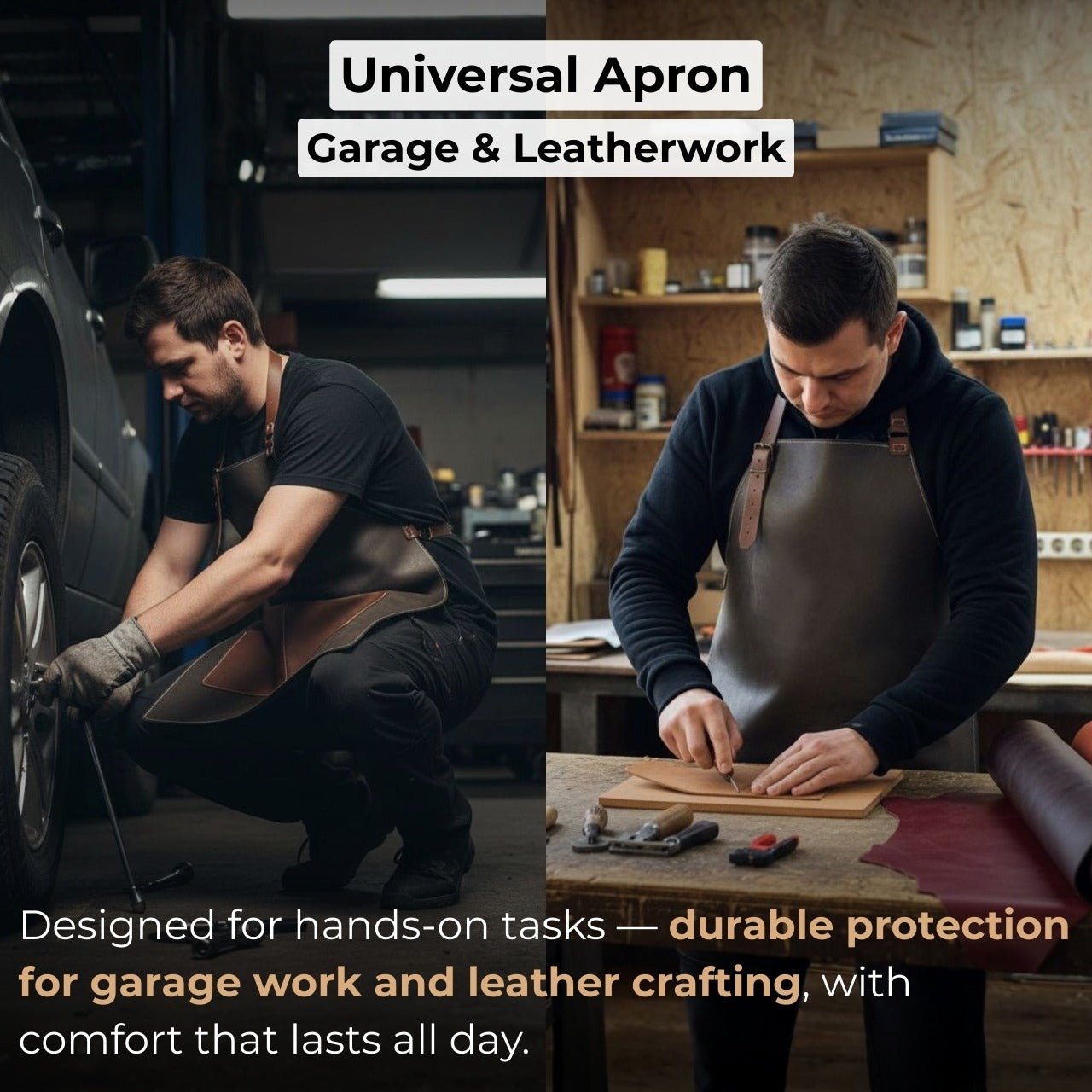 Black Leather Apron with Adjustable Straps and Pockets - 4