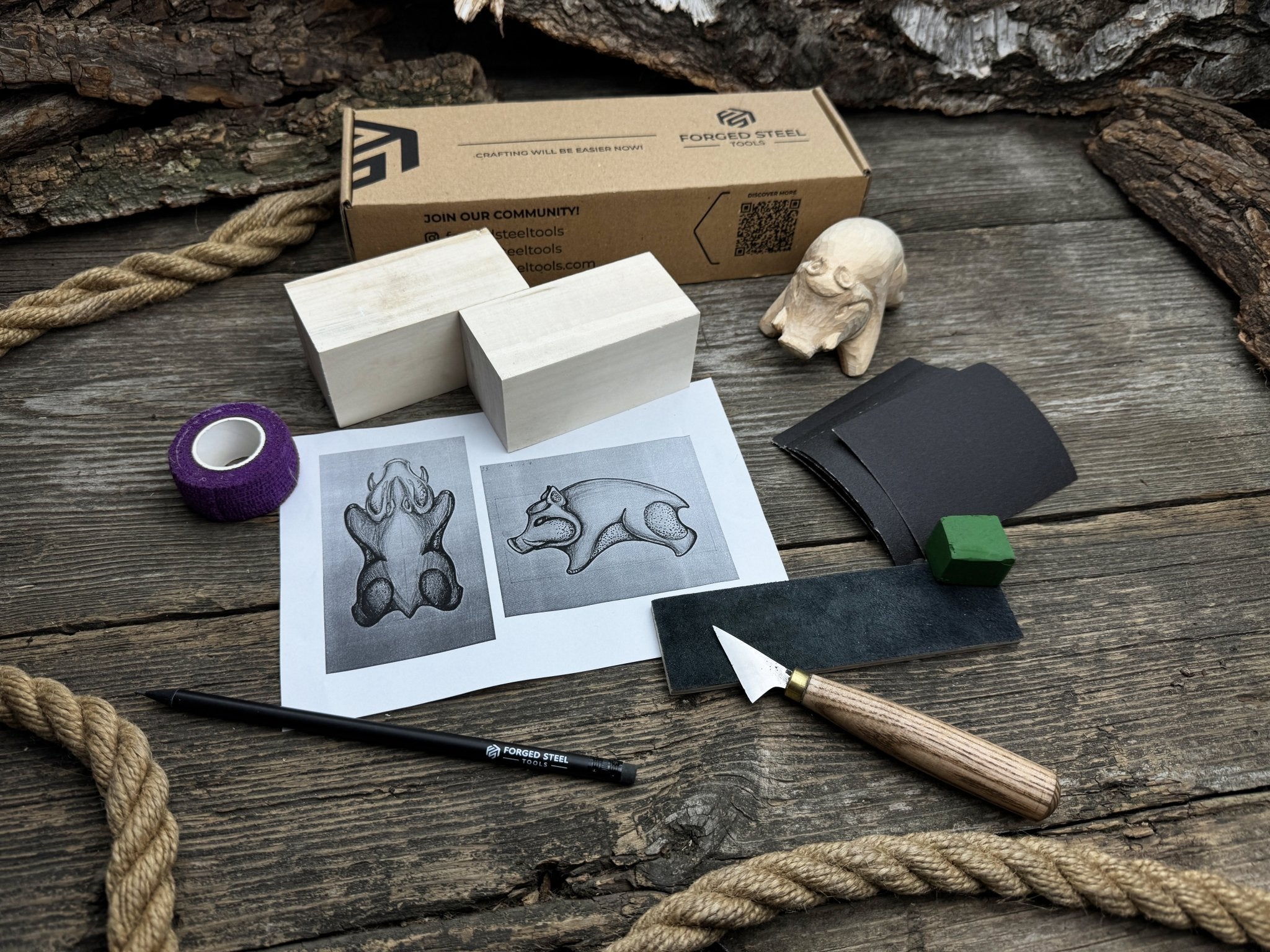 Boar Carving Kit - Complete Starter Whittling Kit for Beginners, Adults, Teens, and Kids - 3