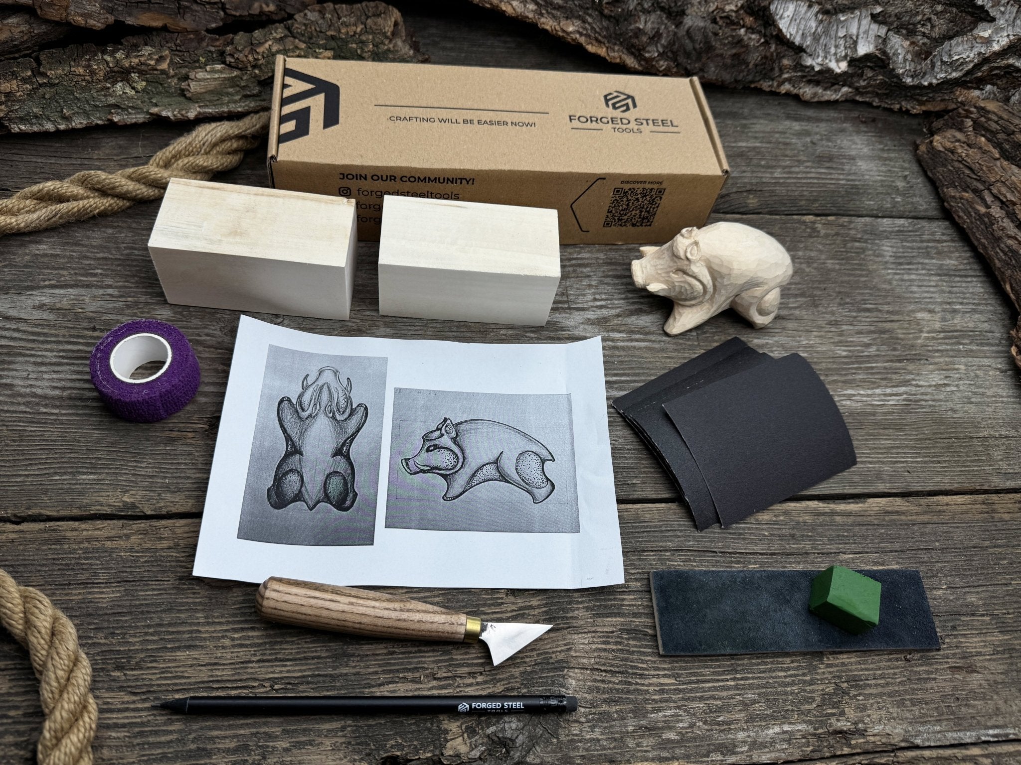 Boar Carving Kit - Complete Starter Whittling Kit for Beginners, Adults, Teens, and Kids - 4