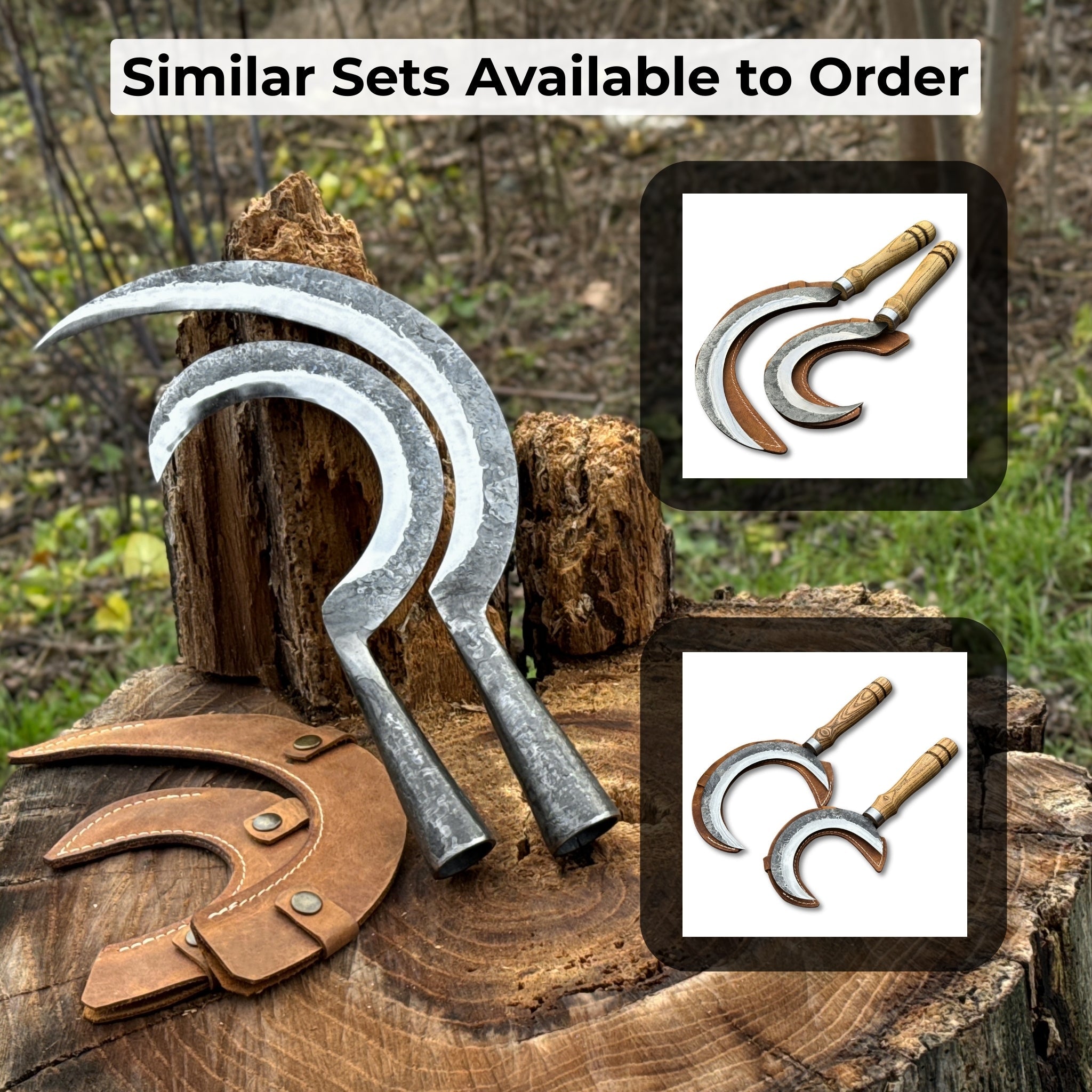 Hand - Forged 2 - Piece Garden Sickle Set with Leather Sheaths - 10