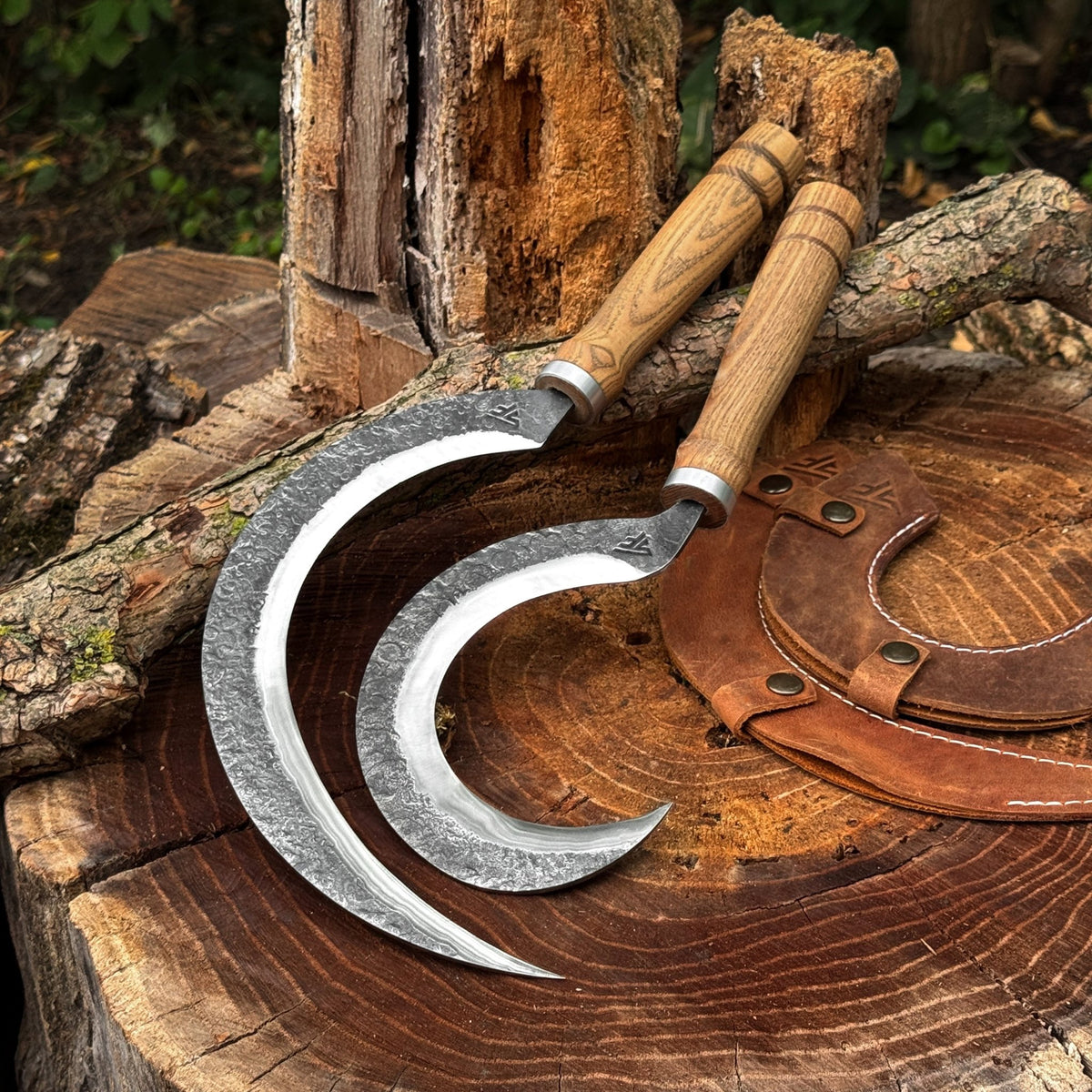 Hand-Forged 2-Piece Sickle Set with Leather Sheaths - 1