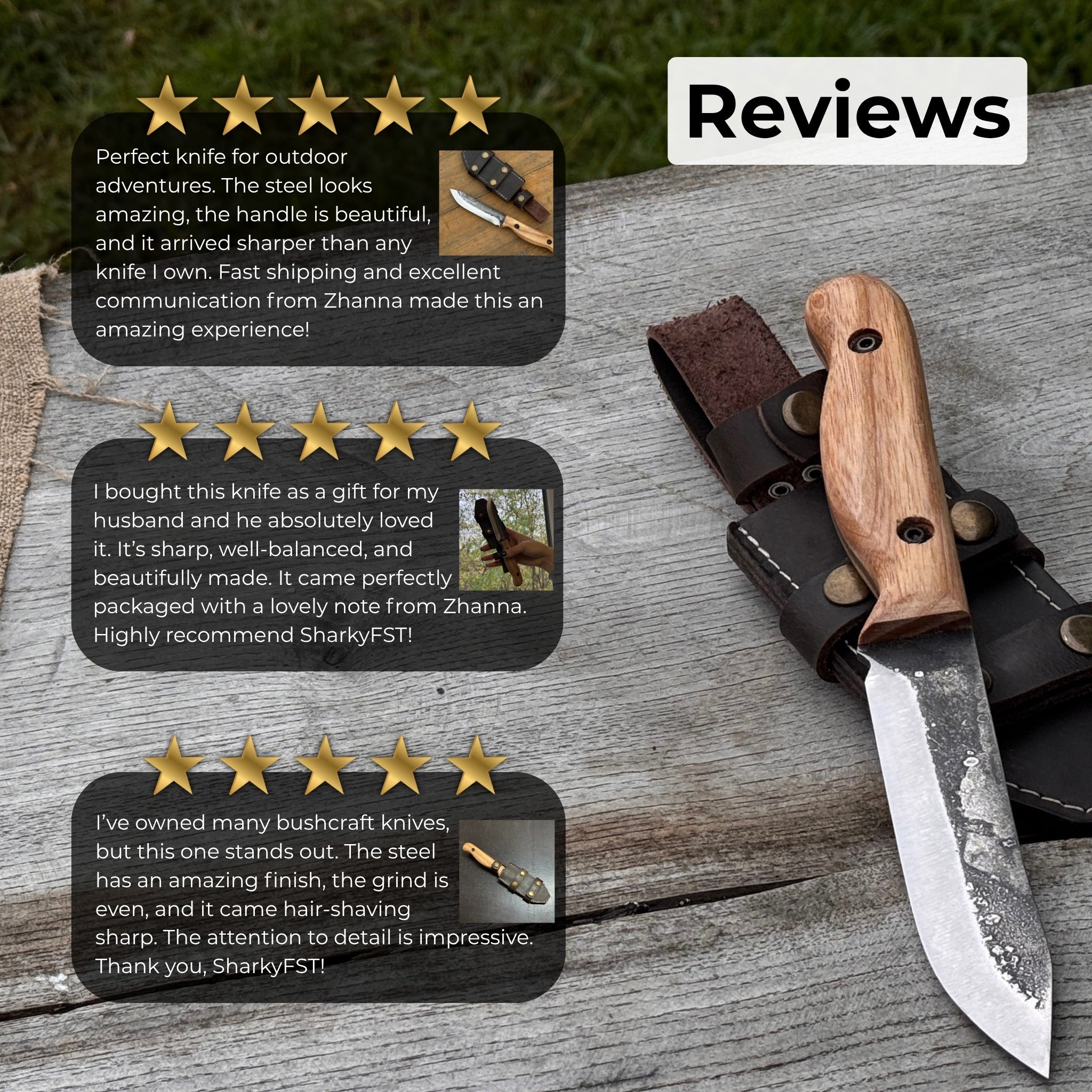 Hand - Forged Bushcraft Knife, 10 cm (3.9 in) Blade with Leather Sheath - 9