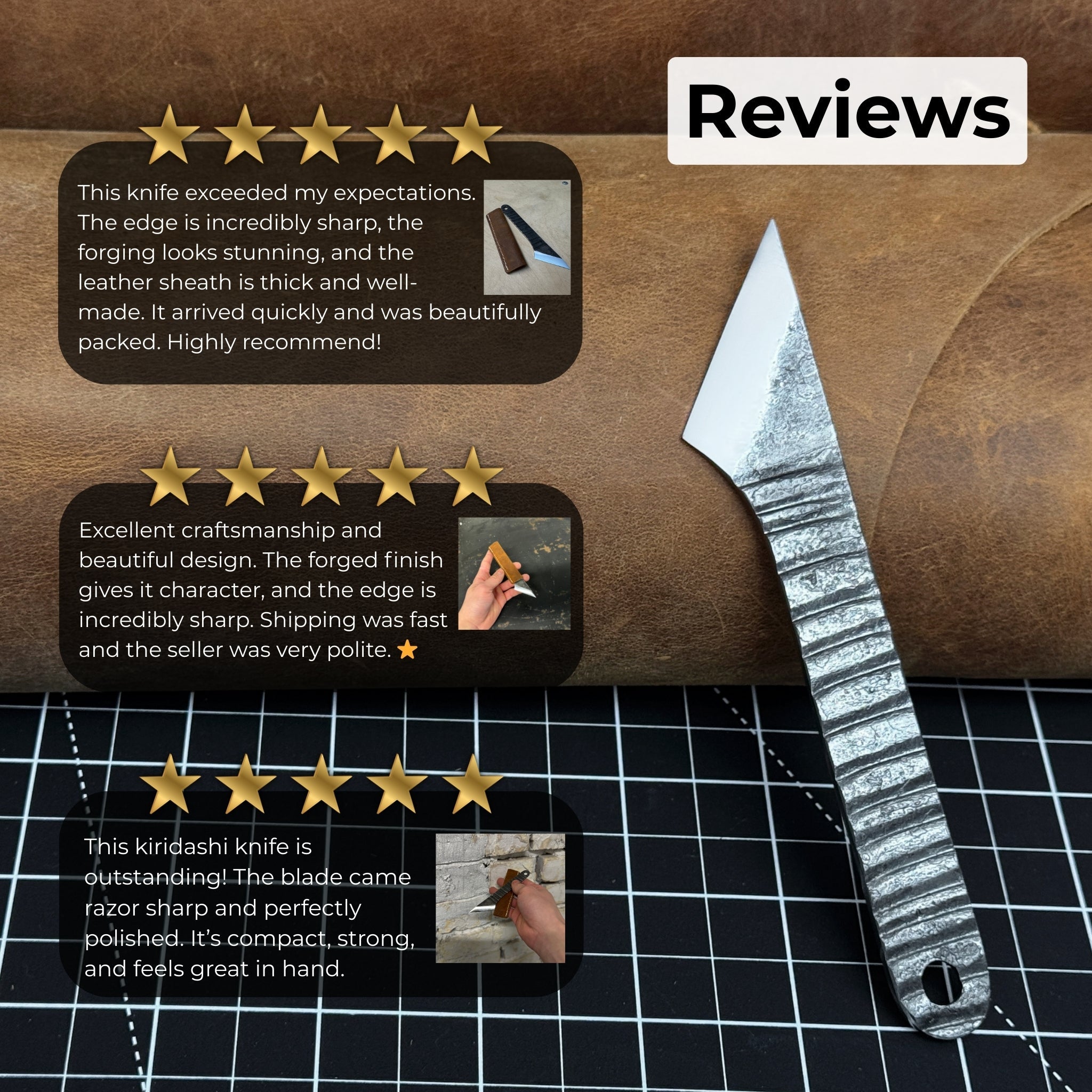 Hand - Forged Kiridashi Knife - Razor - Sharp Carbon Steel Blade with Leather Sheath - 10