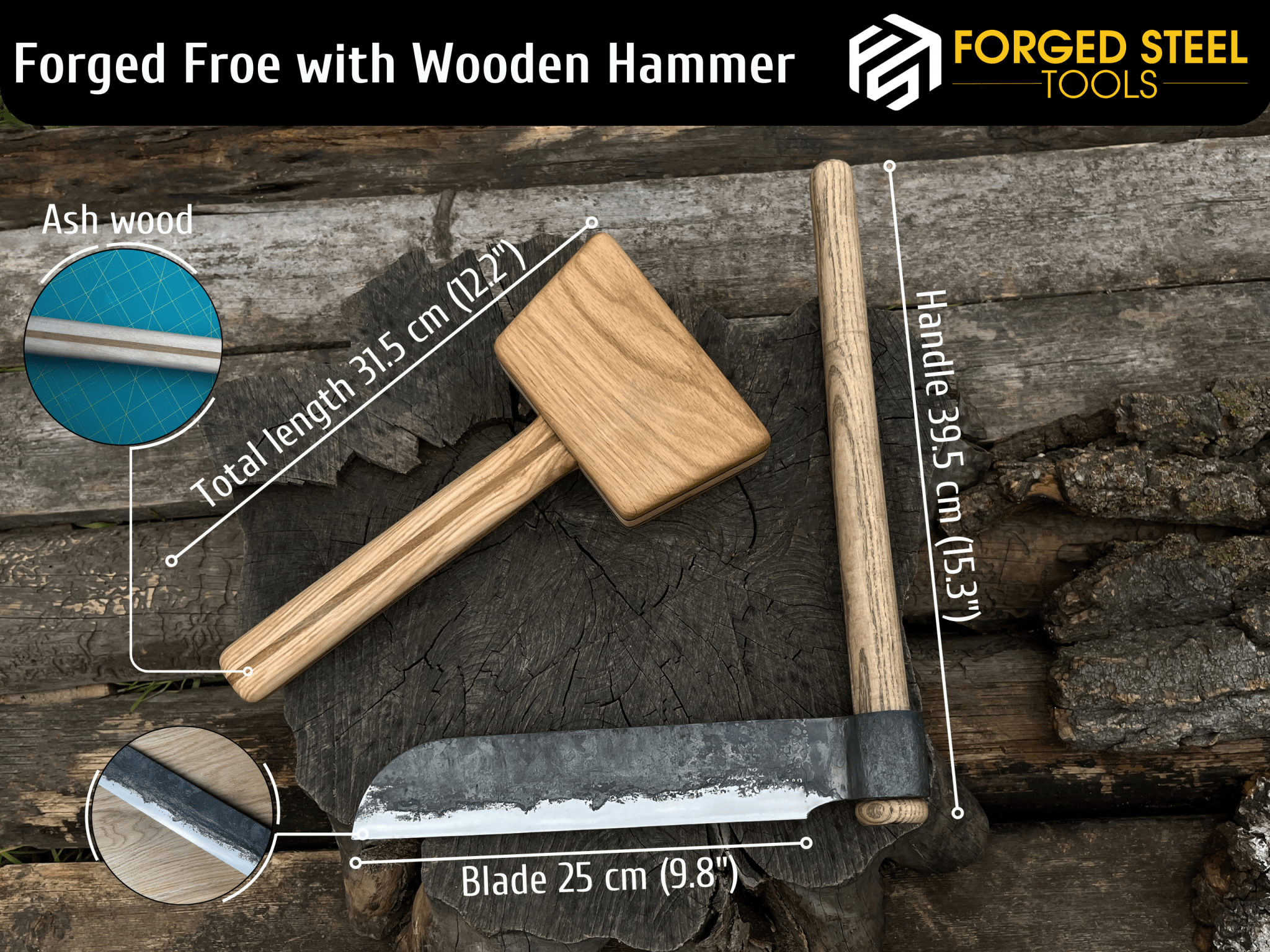 Hand - Forged Splitting Froe with Wooden Mallet - 3