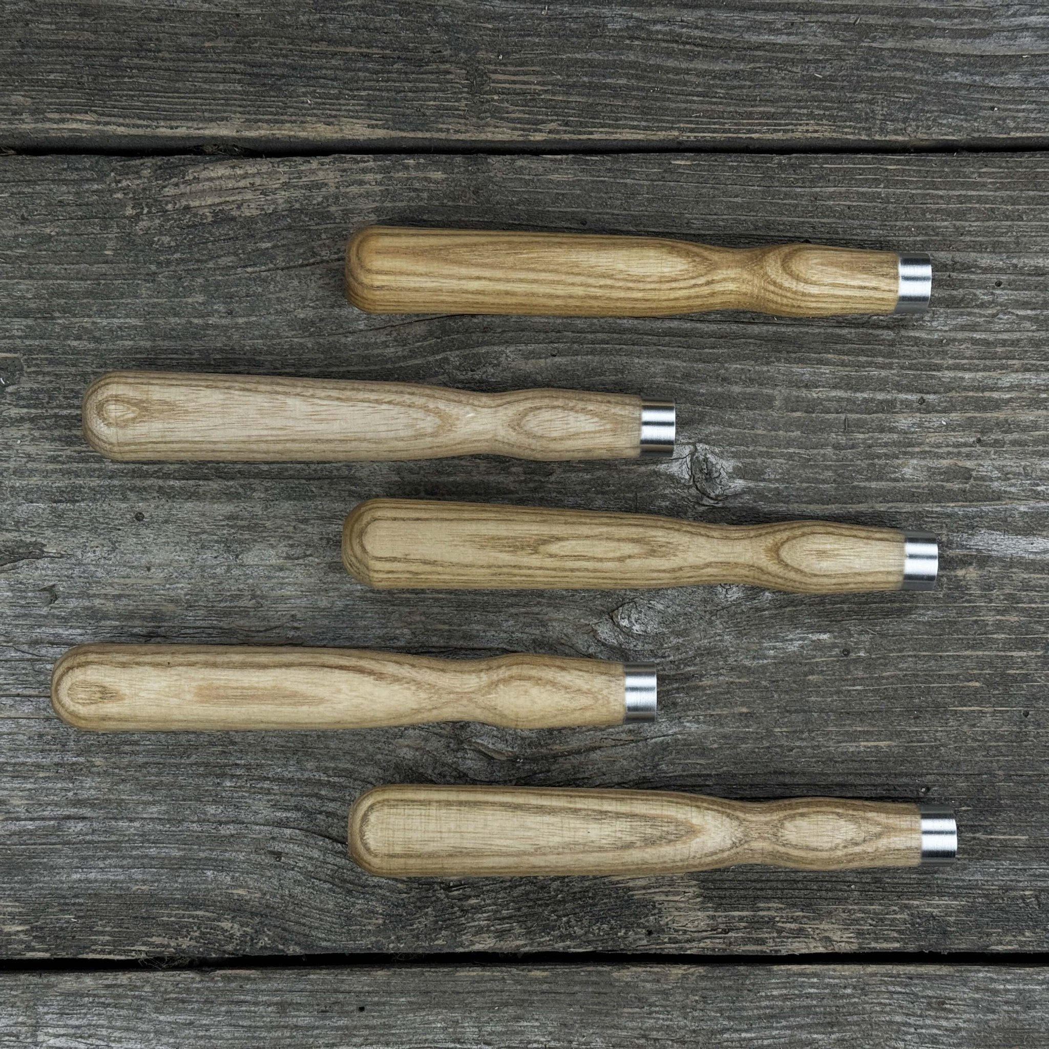 Set of 5 Ash Wood Handles for Chisels and Gouges with Aluminum Rings - 1