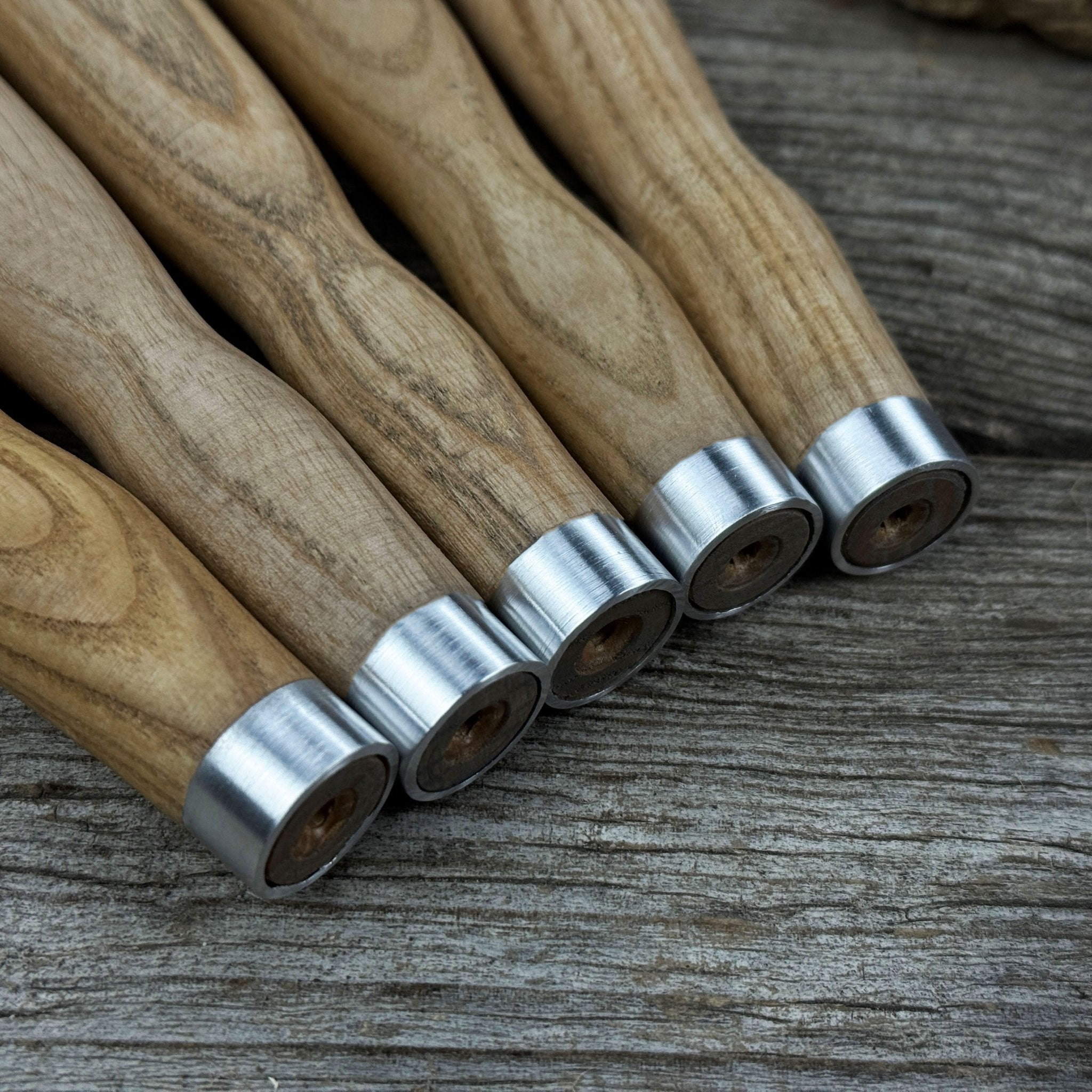 Set of 5 Ash Wood Handles for Chisels and Gouges with Aluminum Rings - 8