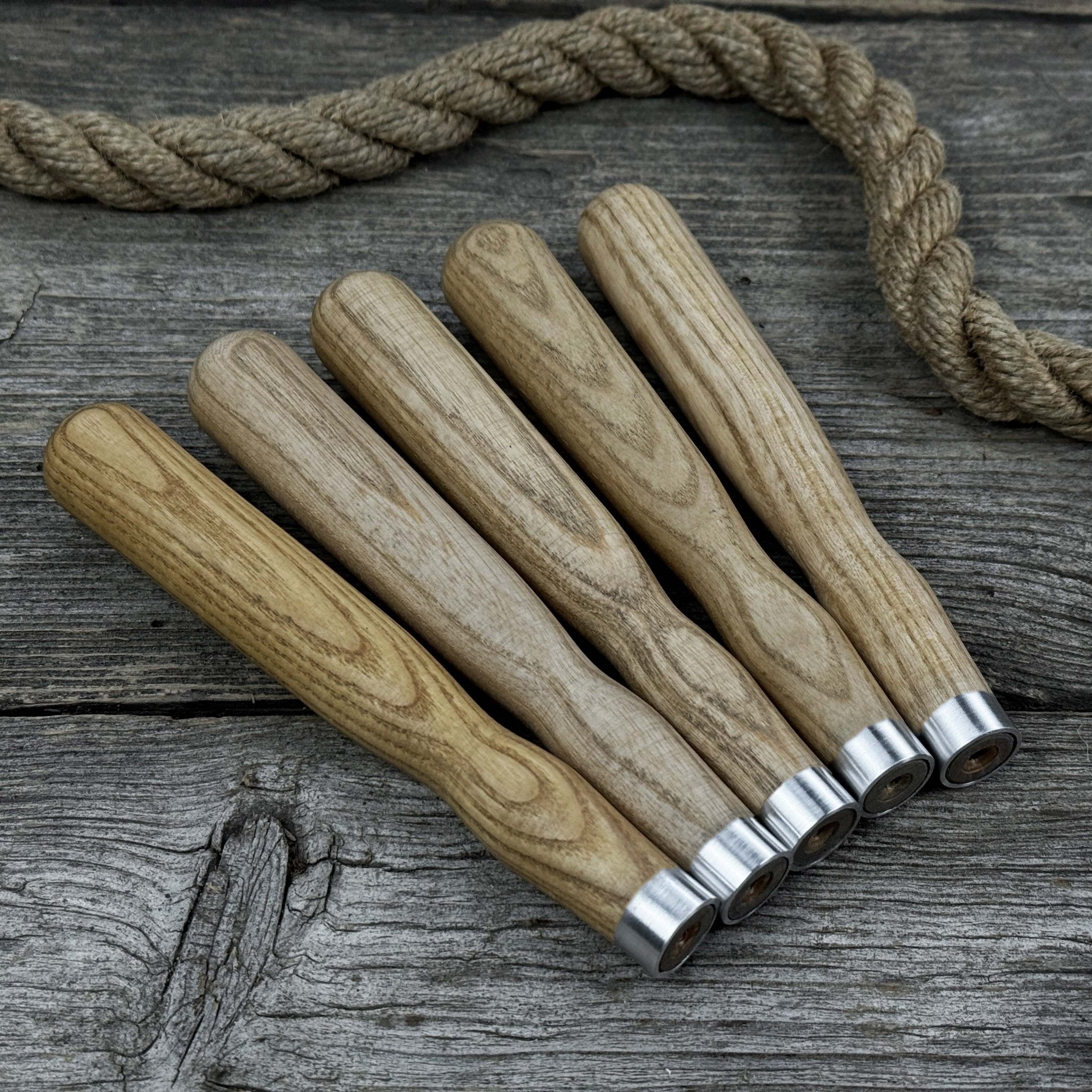 Set of 5 Ash Wood Handles for Chisels and Gouges with Aluminum Rings - 9