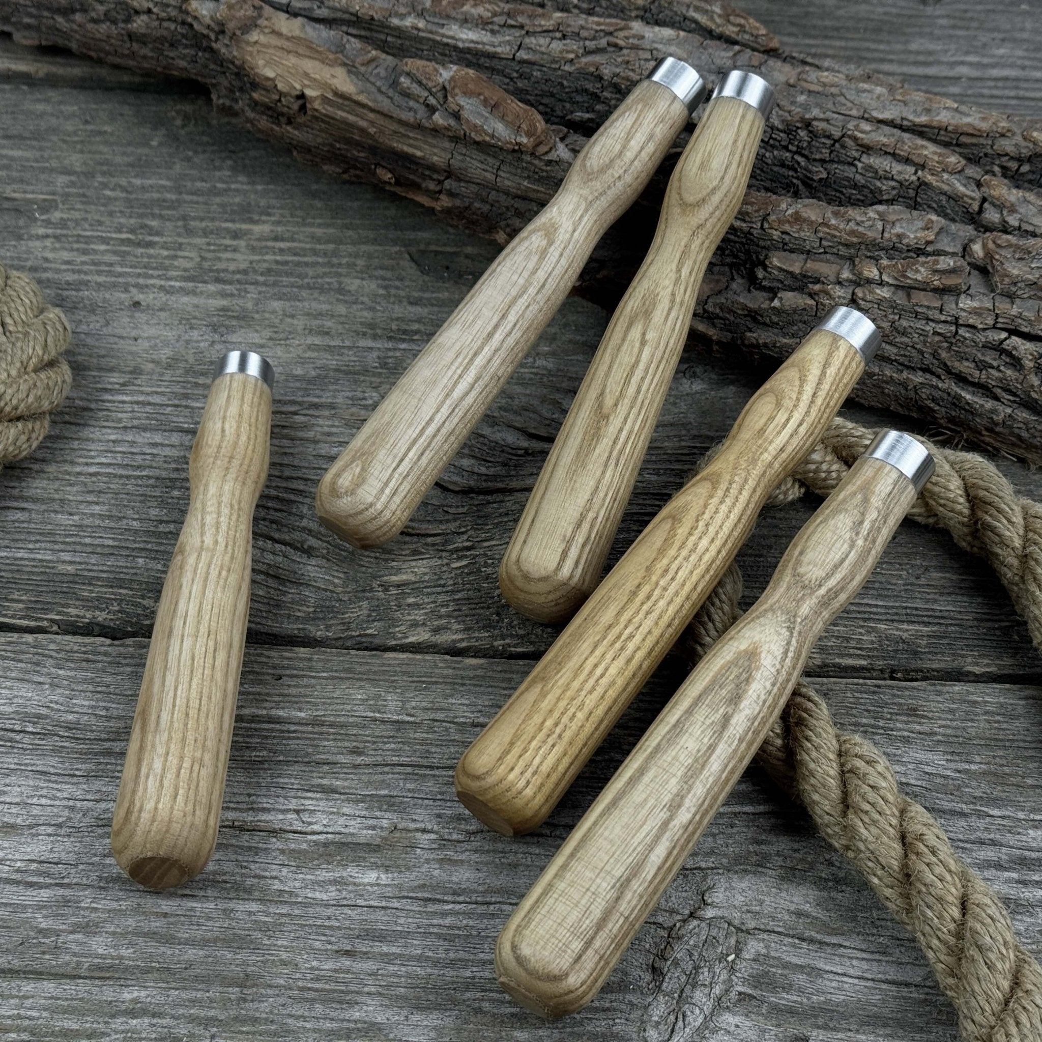 Set of 5 Ash Wood Handles for Chisels and Gouges with Aluminum Rings - 3