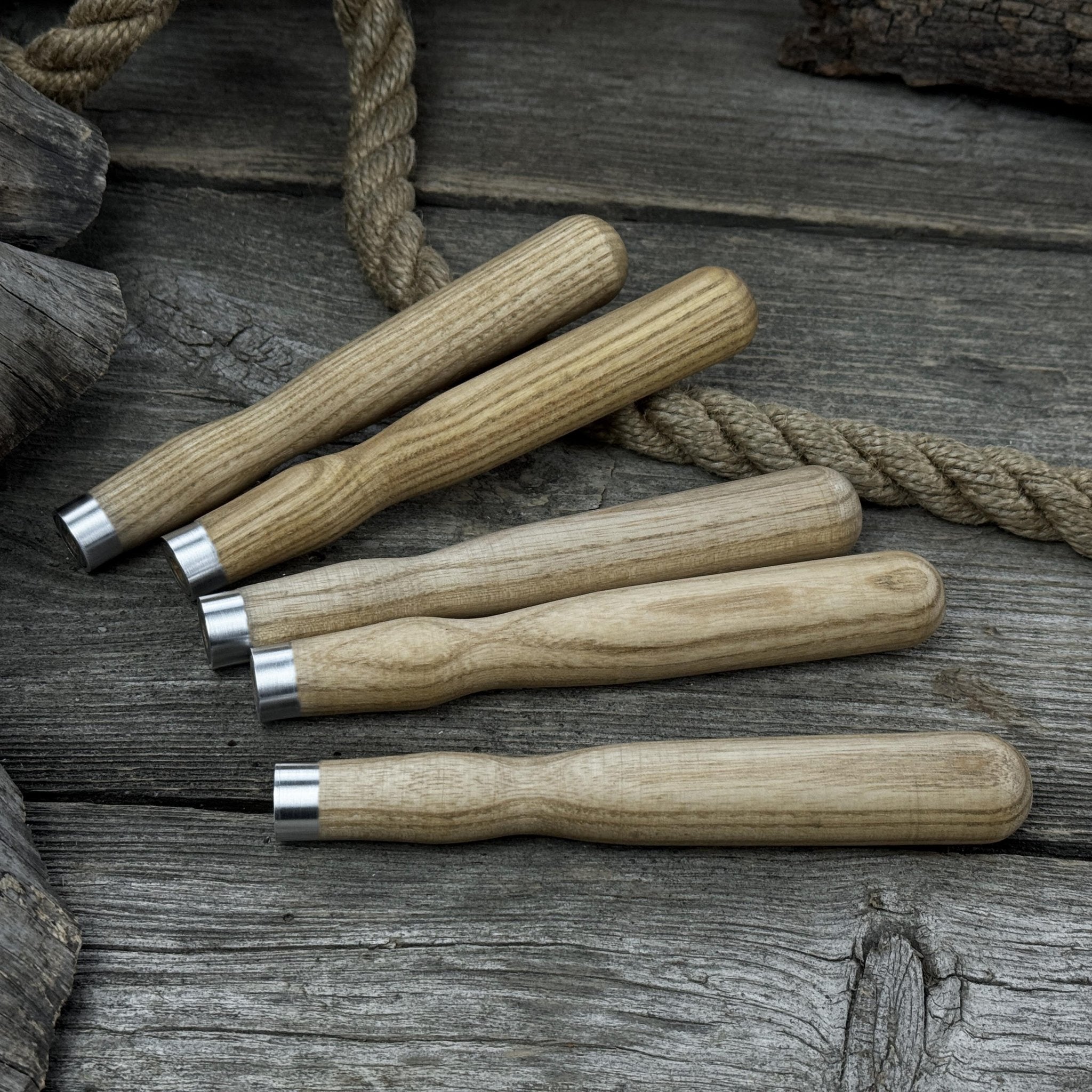 Set of 5 Ash Wood Handles for Chisels and Gouges with Aluminum Rings - 4