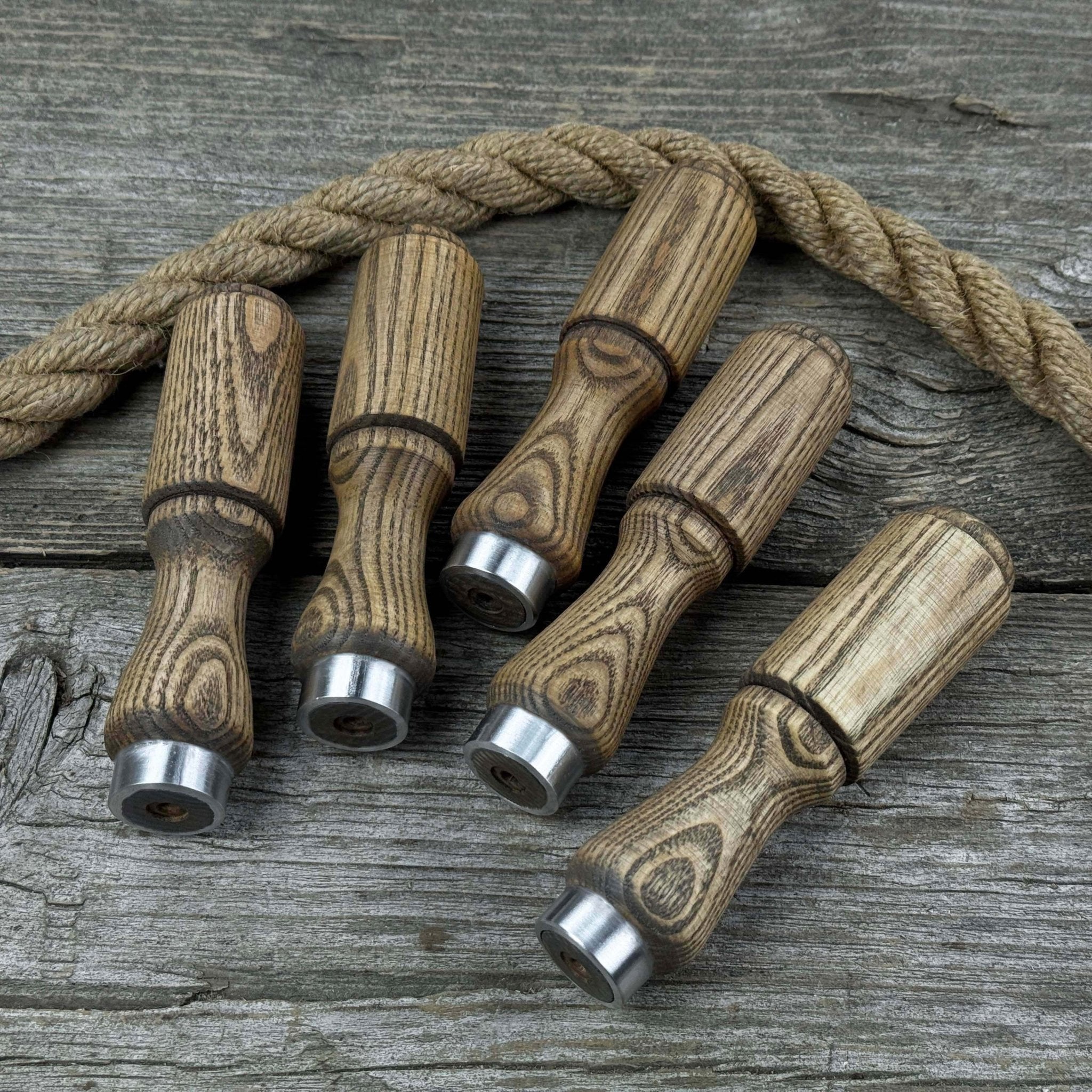 Set of 5 Ash Wood Tool Handles with Aluminum Rings - 2