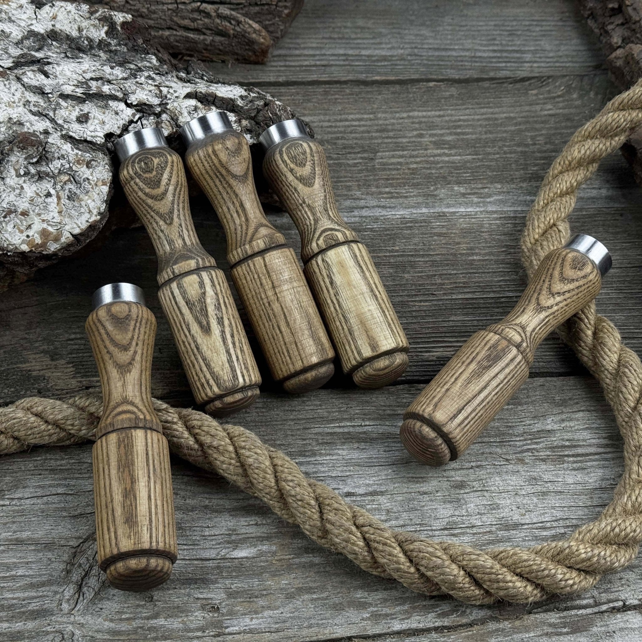 Set of 5 Ash Wood Tool Handles with Aluminum Rings - 6