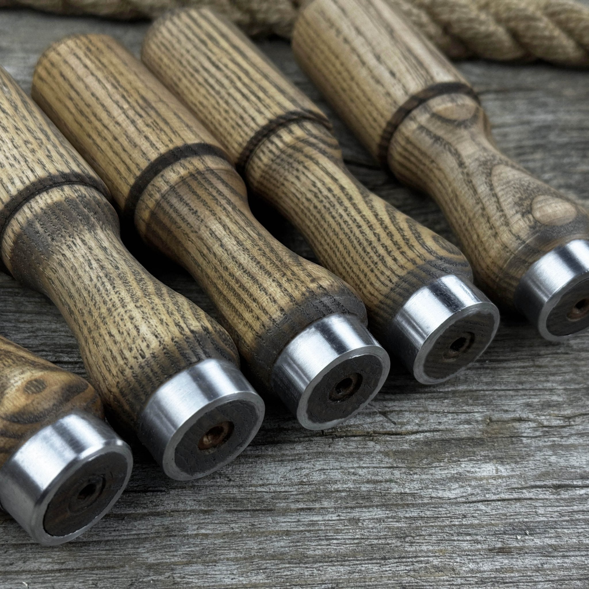 Set of 5 Ash Wood Tool Handles with Aluminum Rings - 8