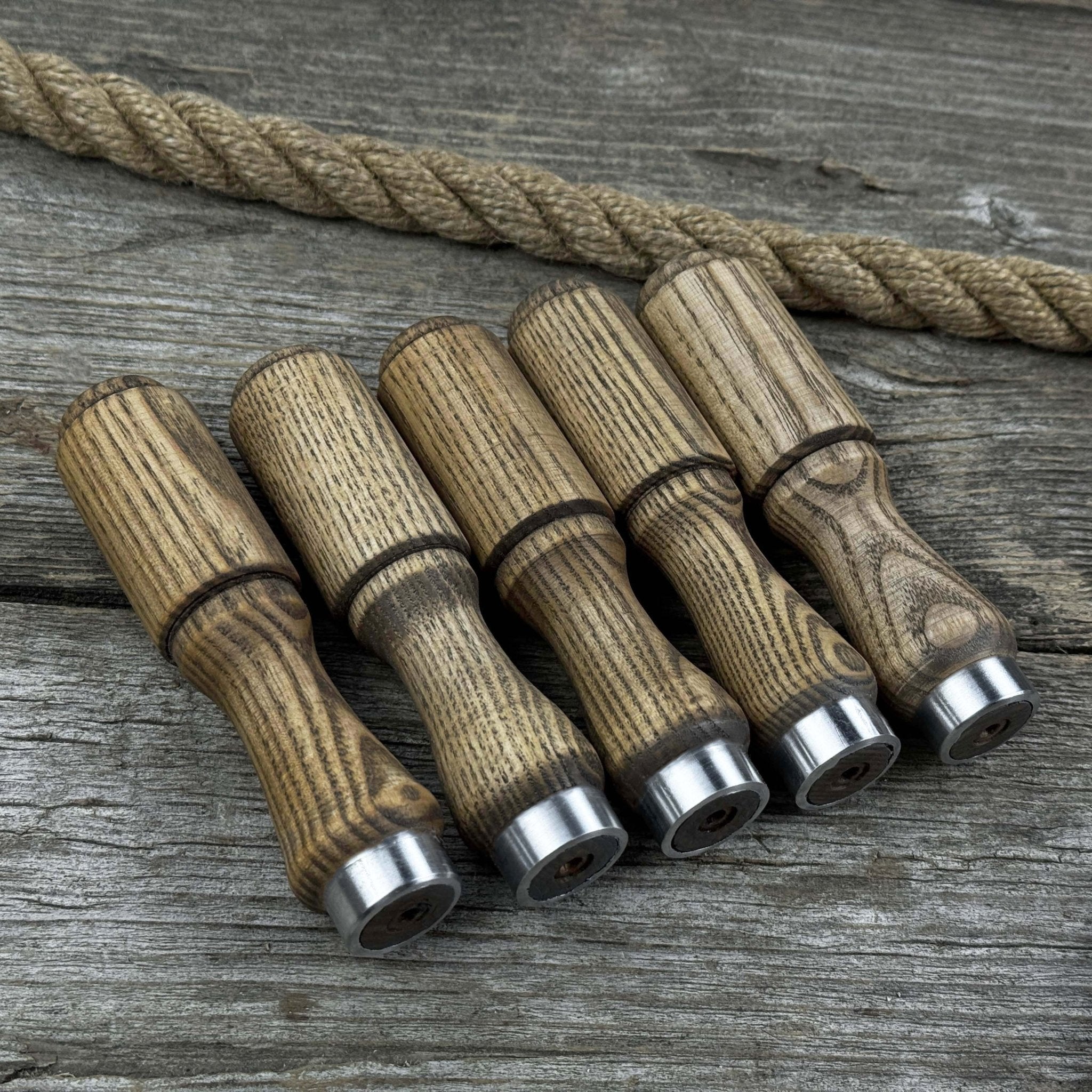 Set of 5 Ash Wood Tool Handles with Aluminum Rings - 9
