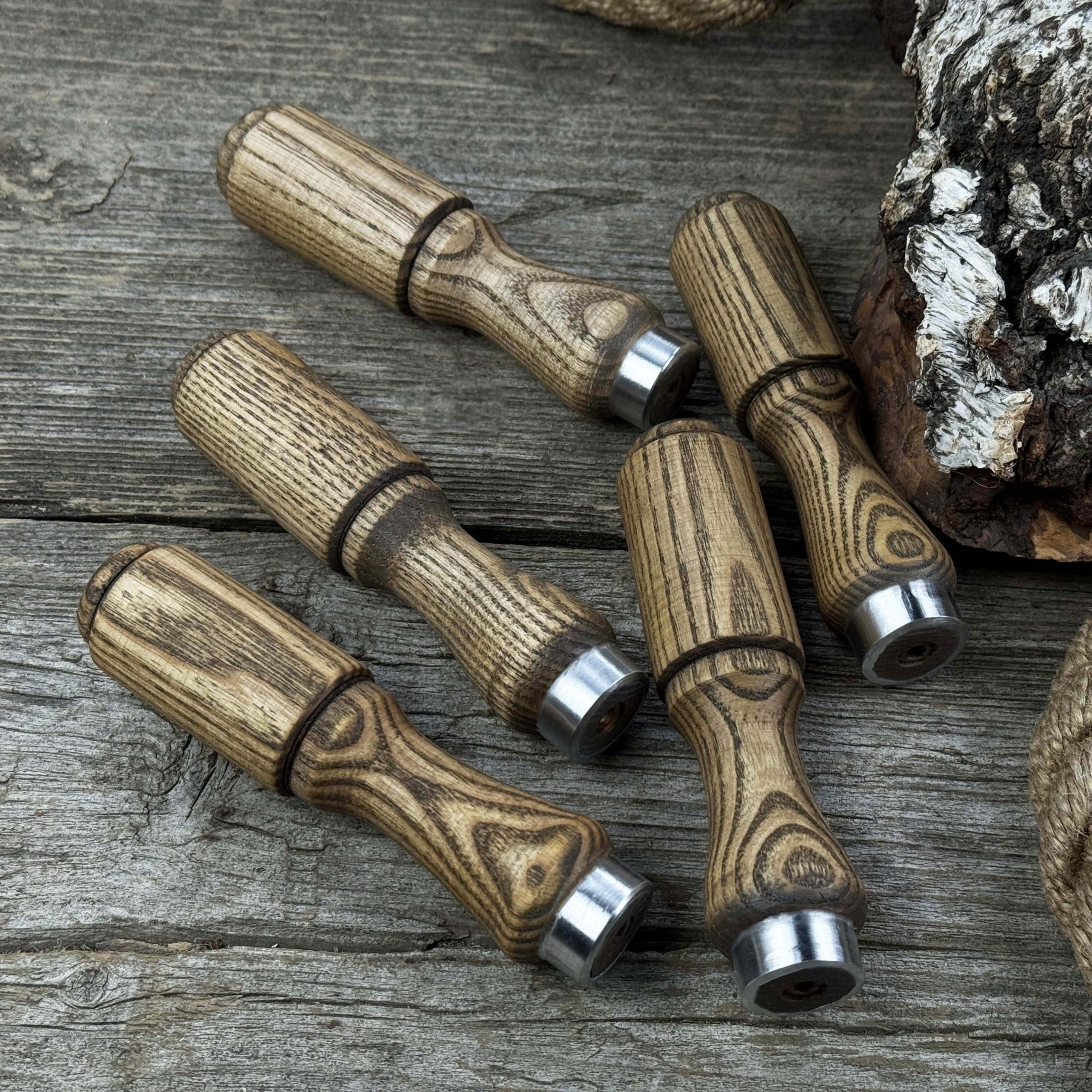Set of 5 Ash Wood Tool Handles with Aluminum Rings - 7