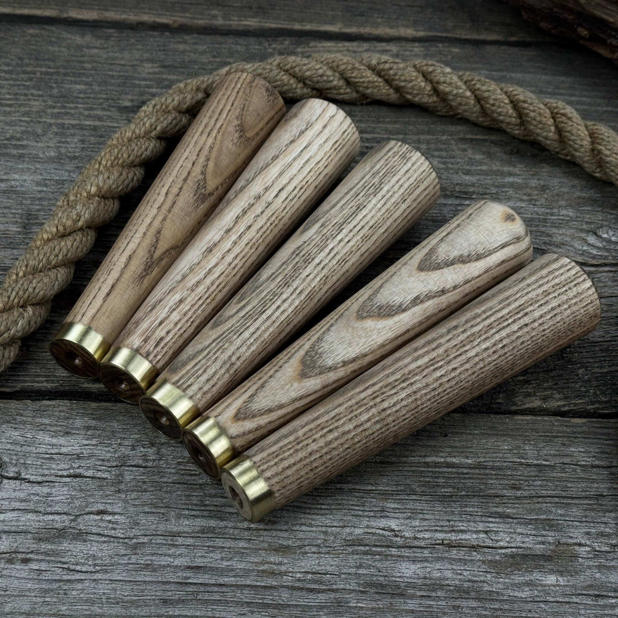 Set of 5 Tapered Ash Wood Handles with Brass Rings - 2